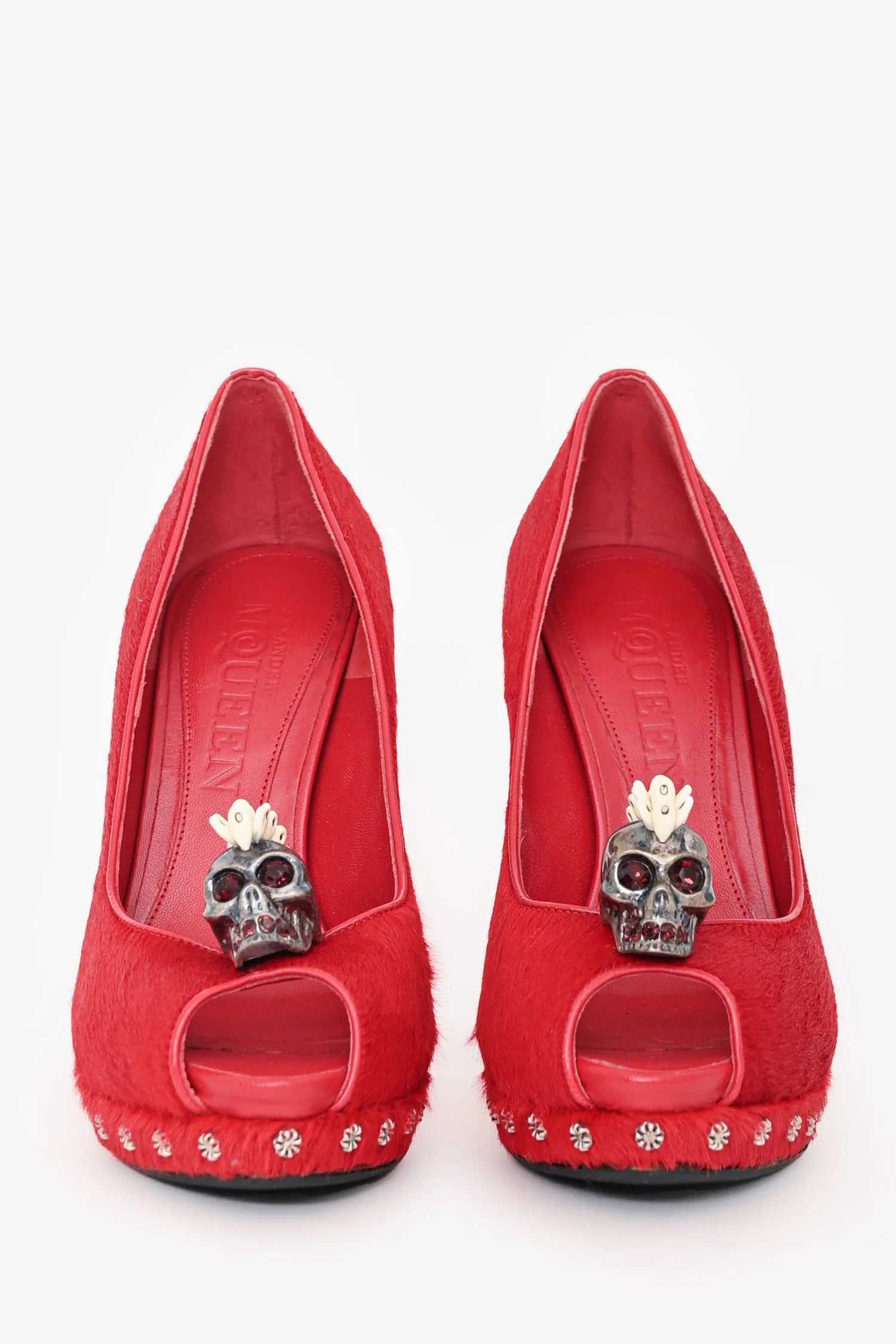 Alexander McQueen Red Ponyhair Calfskin Peep Toe Heels Size 36 - Image 3