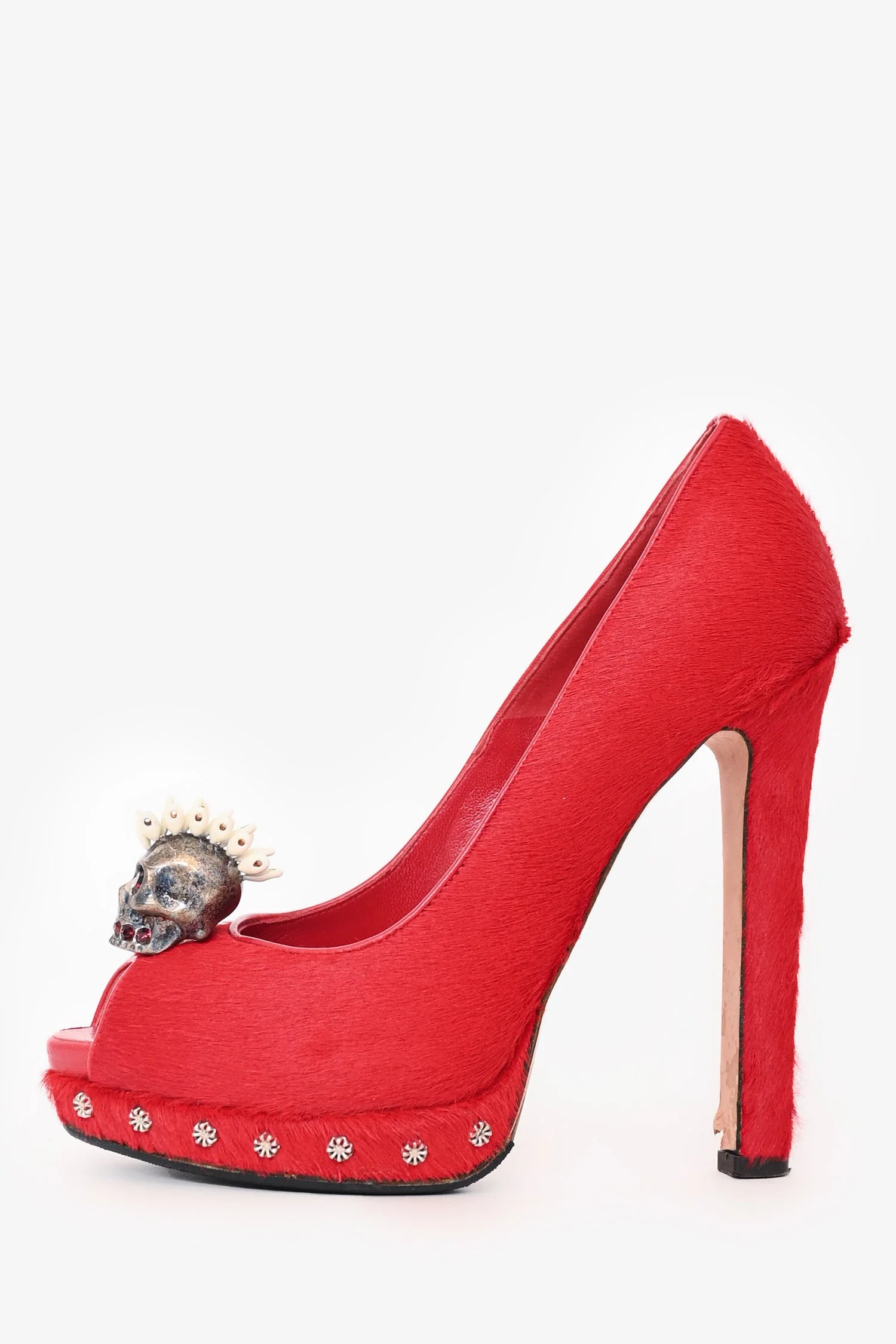 Alexander McQueen Red Ponyhair Calfskin Peep Toe Heels Size 36 - Image 4
