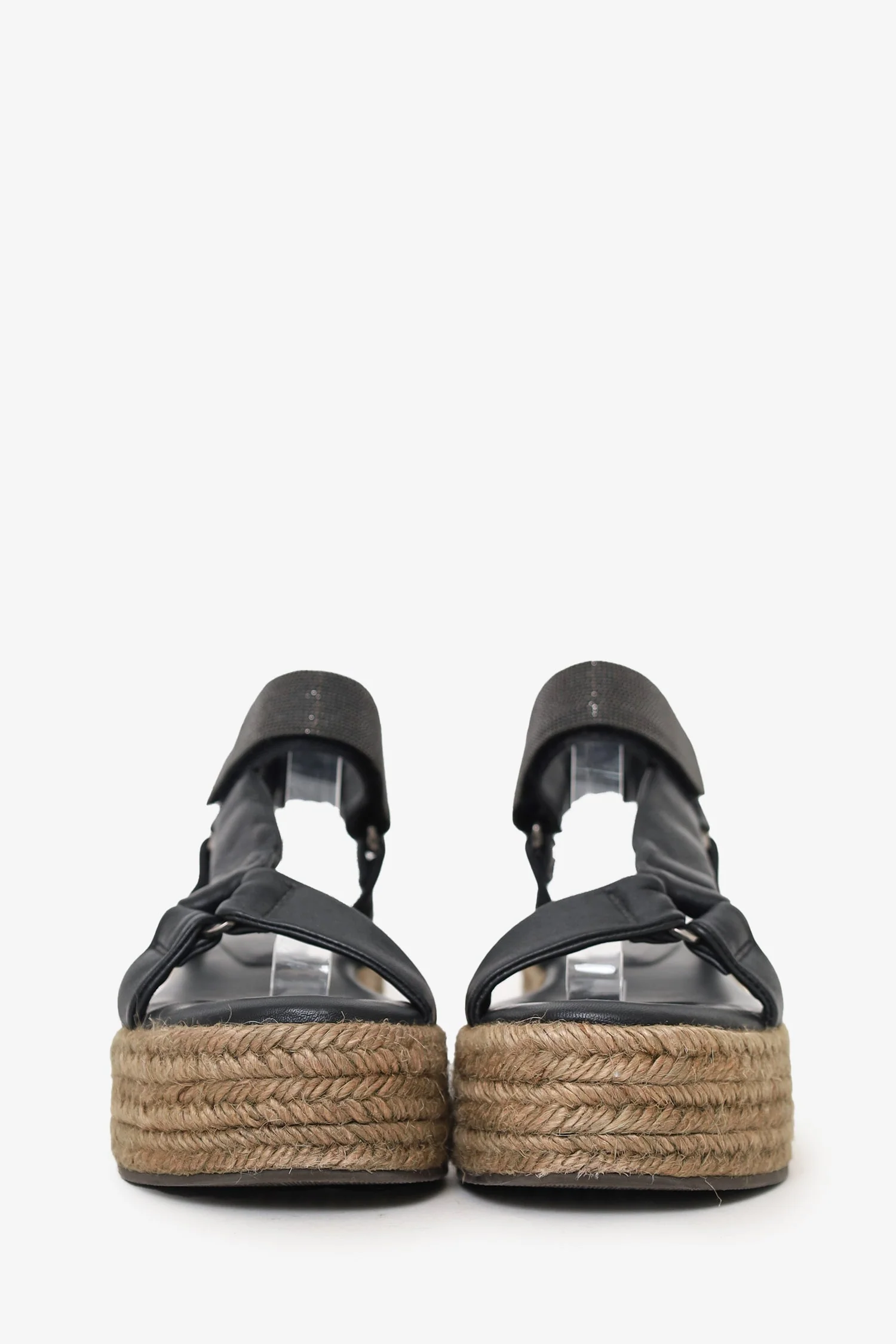 Brunello Cucinelli Black Beaded Leather Espadrille Platform Sandals Size 36 - Image 3