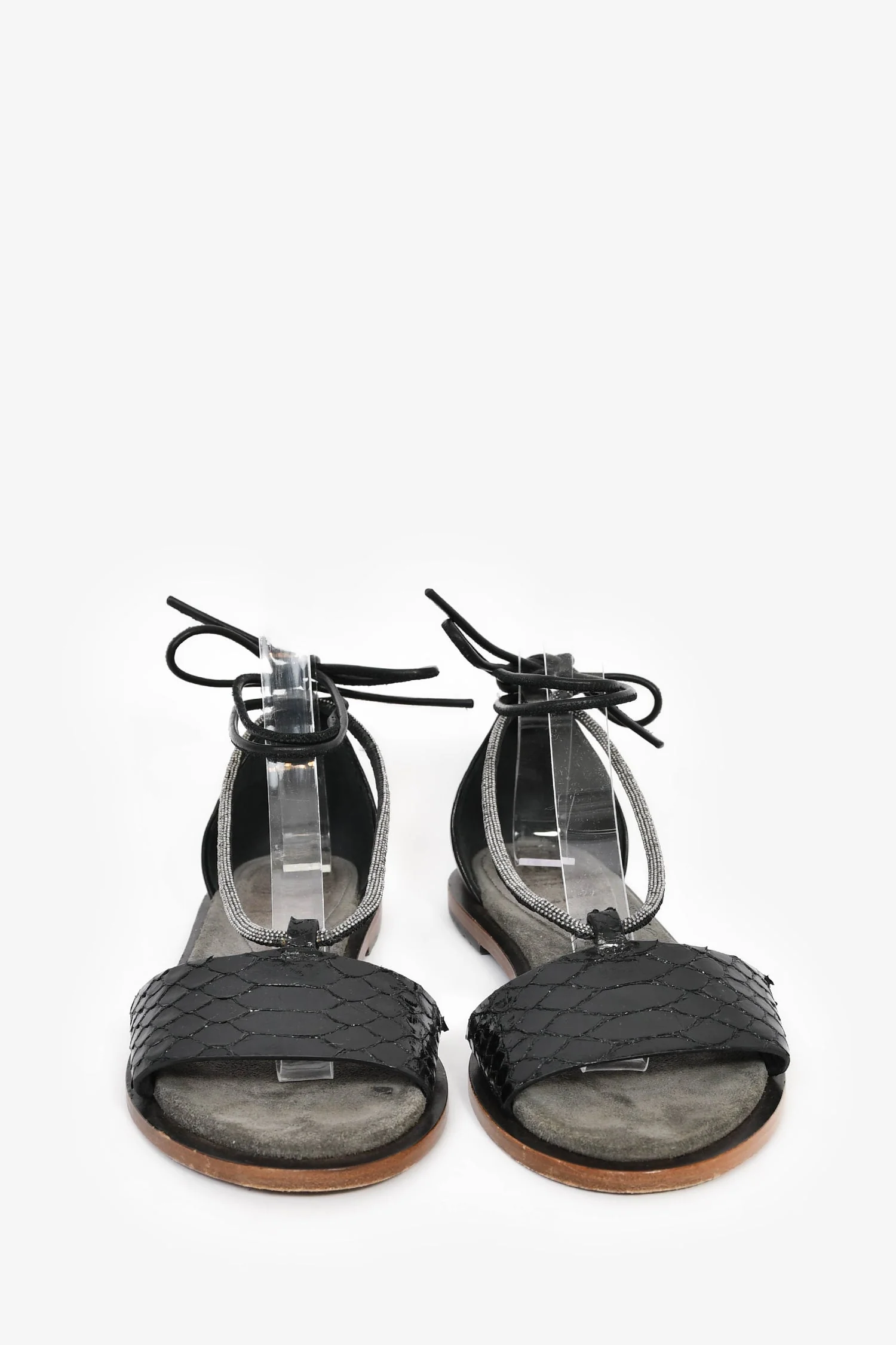 Brunello Cucinelli Black Embossed Leather Monili Detail Sandals Size 37 - Image 3