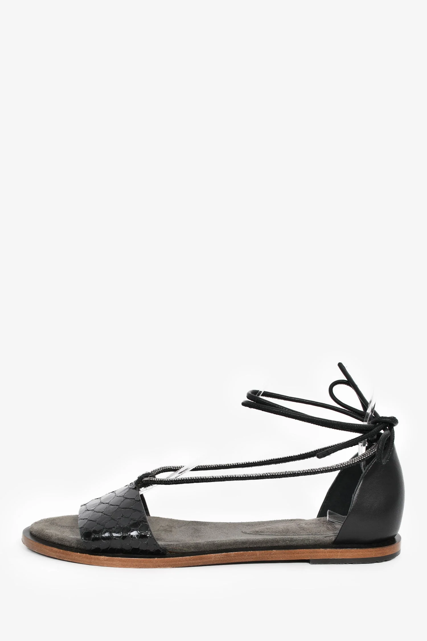 Brunello Cucinelli Black Embossed Leather Monili Detail Sandals Size 37 - Image 4