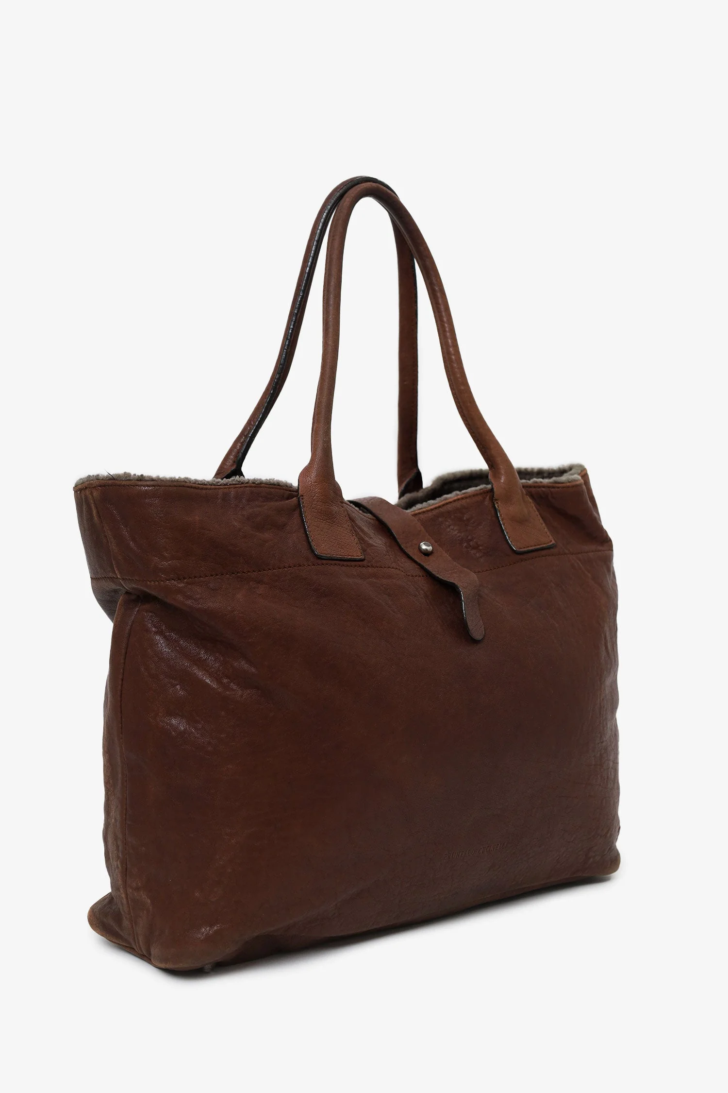 Brunello Cucinelli Brown Leather Shearling Trim Tote - Image 3
