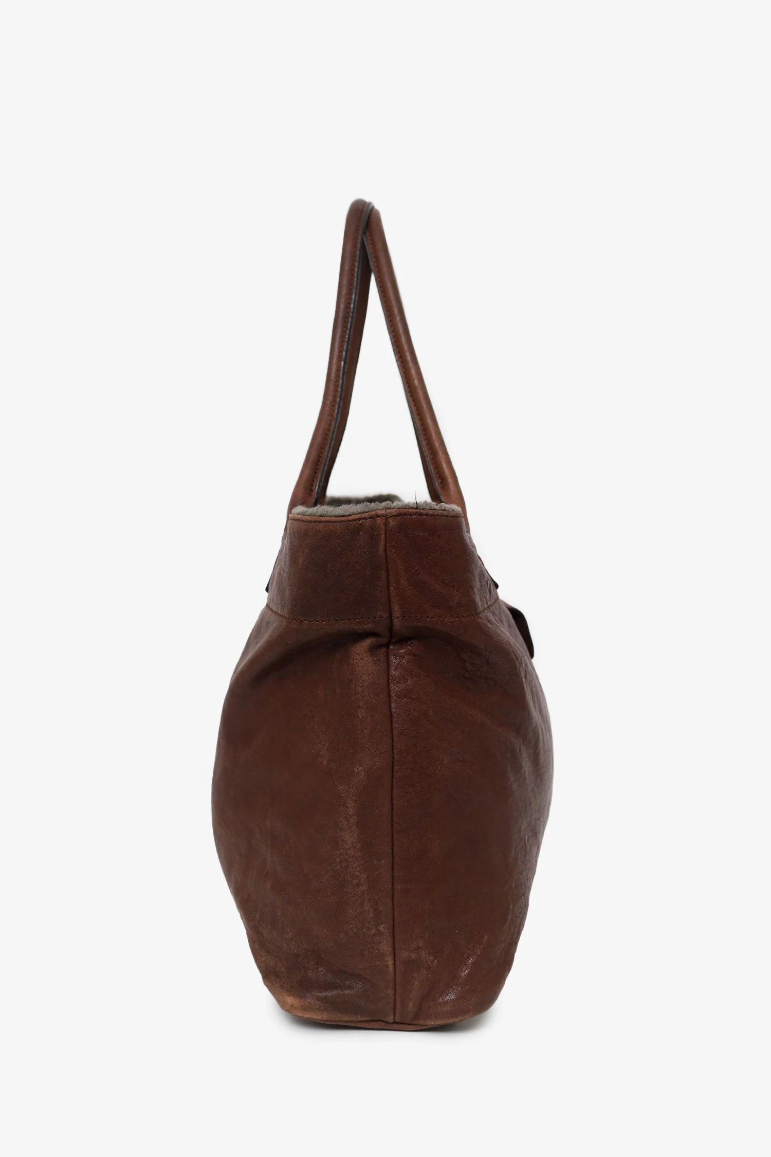 Brunello Cucinelli Brown Leather Shearling Trim Tote - Image 4