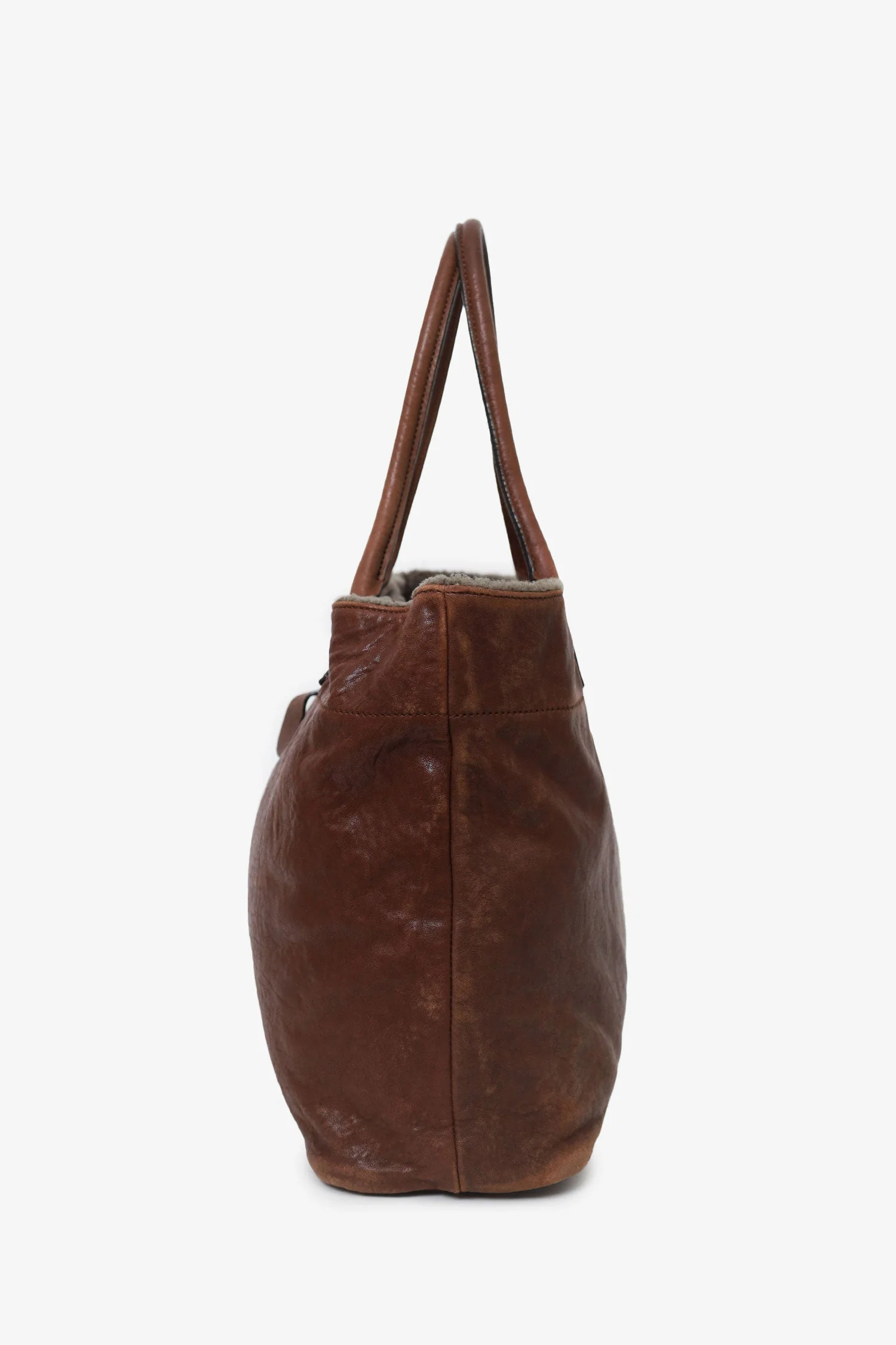 Brunello Cucinelli Brown Leather Shearling Trim Tote - Image 5
