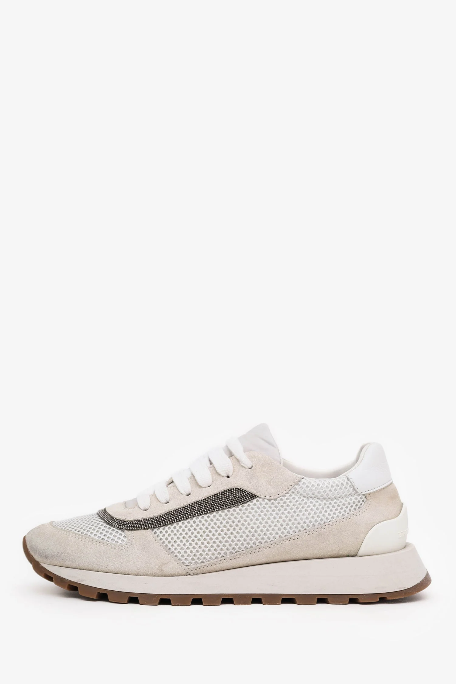 Brunello Cucinelli White Mesh/Suede Beaded Trim Sneakers Size 37 - Image 5
