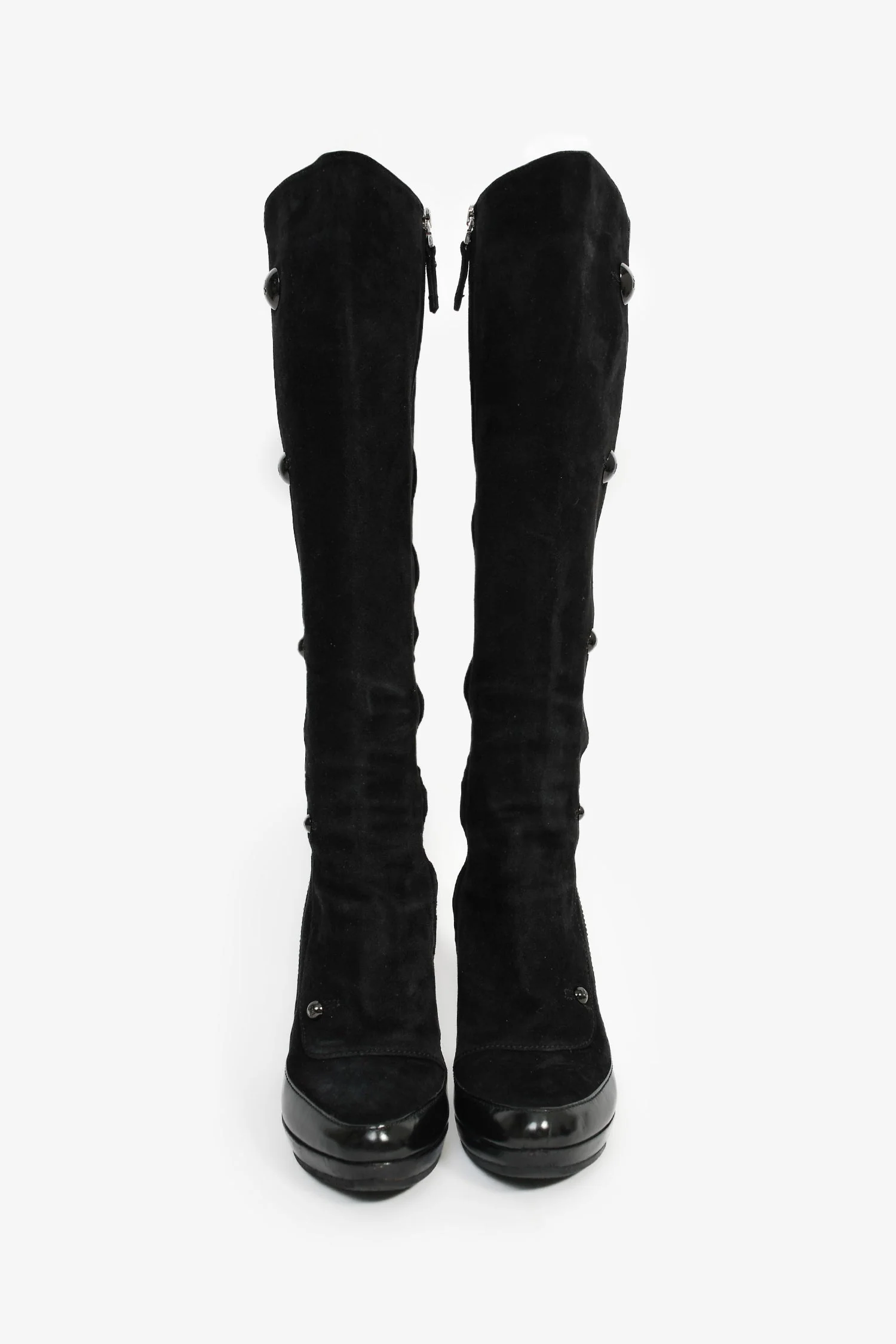 Fendi Black Suede/Patent Leather FF Knee High Heel Boots Size 38 - Image 3