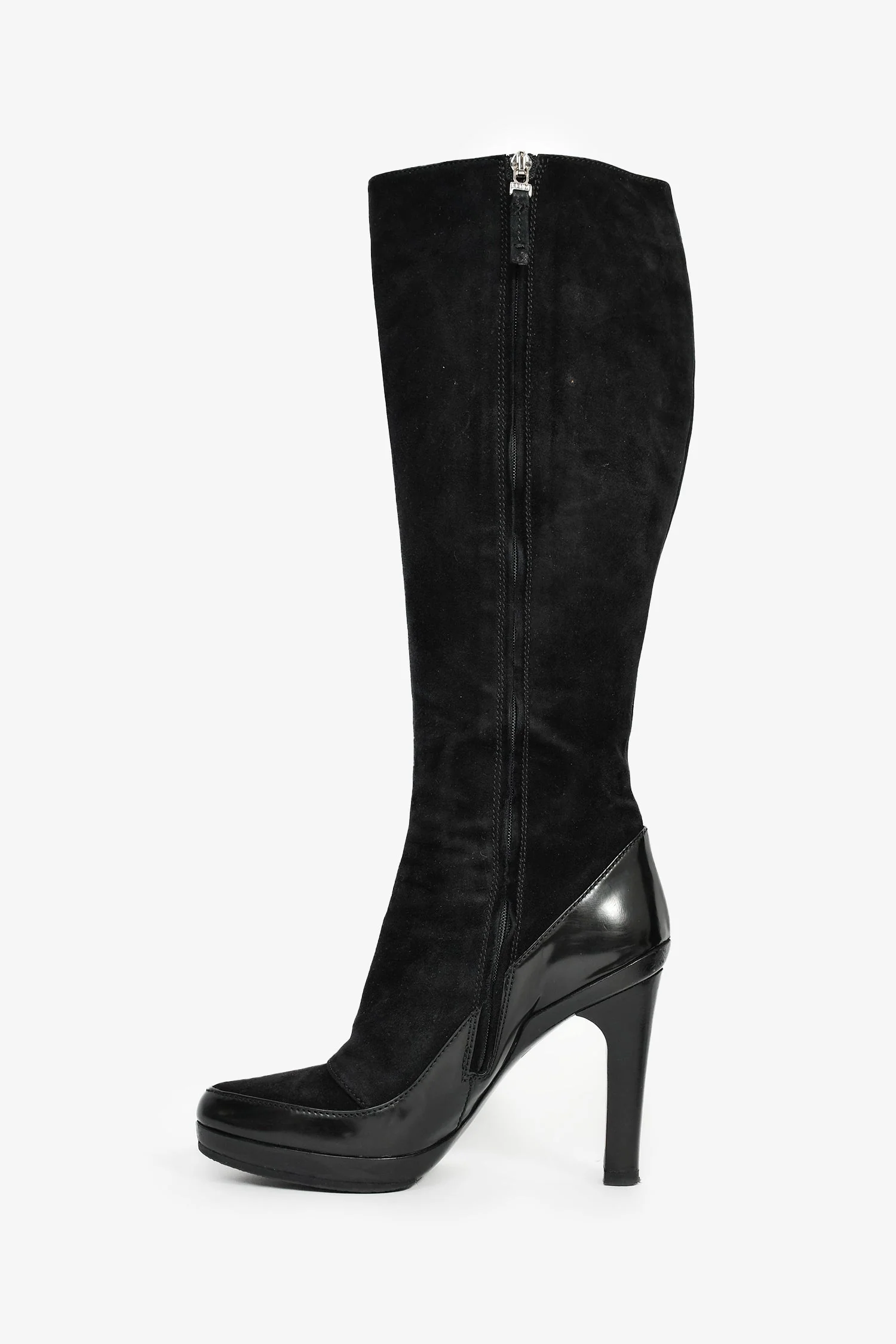 Fendi Black Suede/Patent Leather FF Knee High Heel Boots Size 38 - Image 4