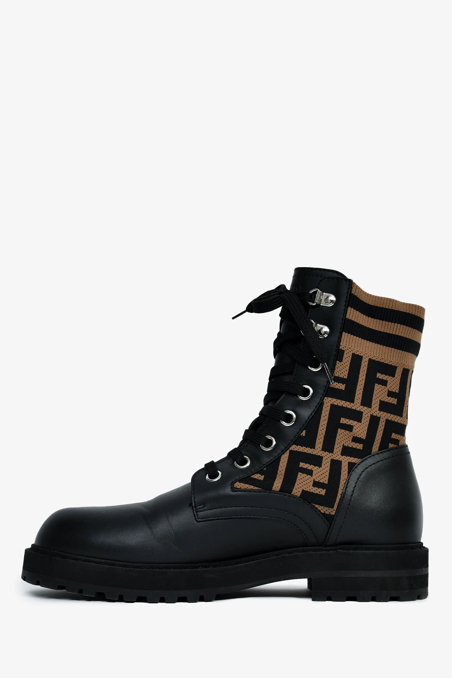 Fendi Black/Taupe Leather/Fabric Zucca Print Combat Boots Size 38 Mens - Image 5