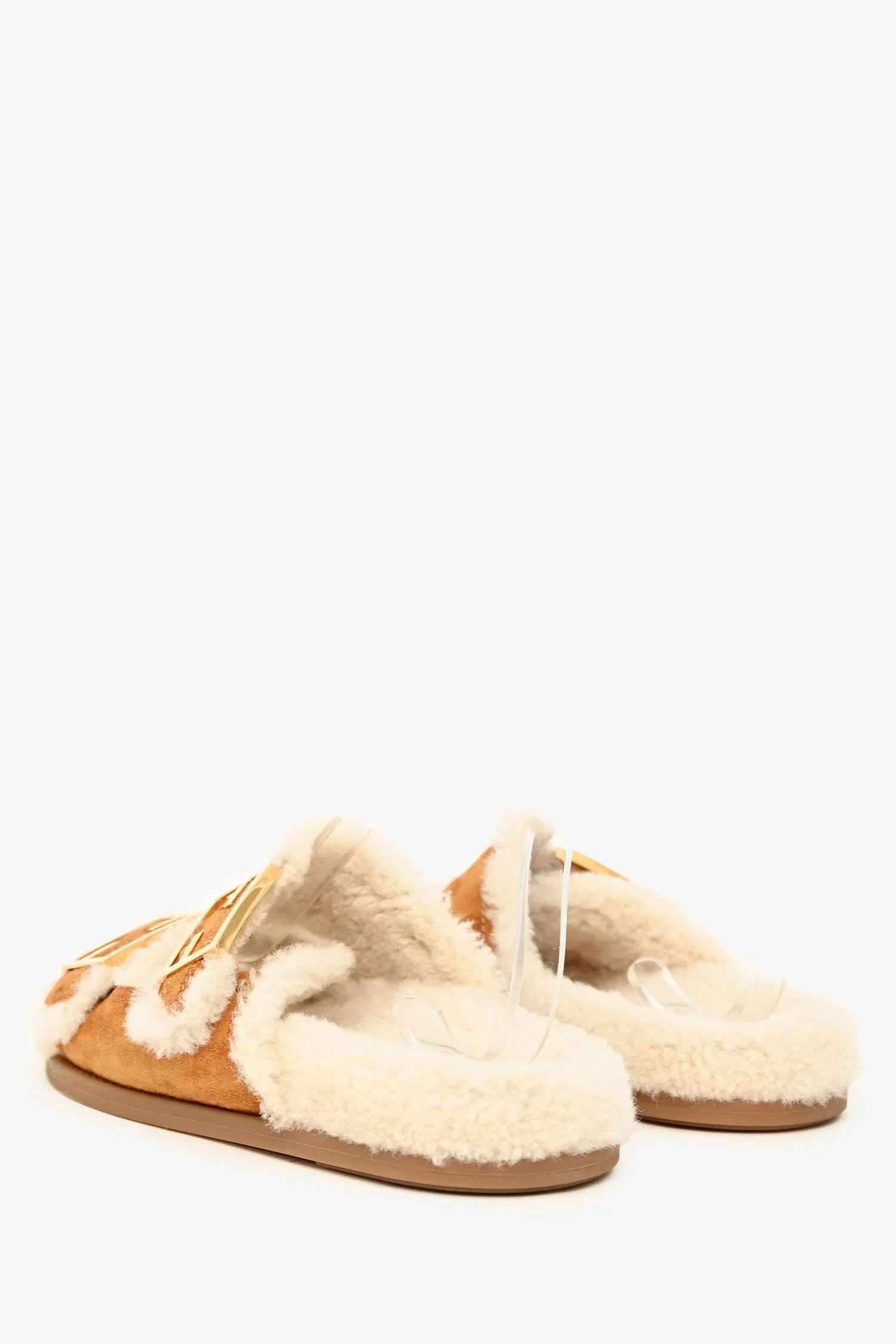 Fendi Brown Suede Shearling Buckle Slides Size 37 - Image 4