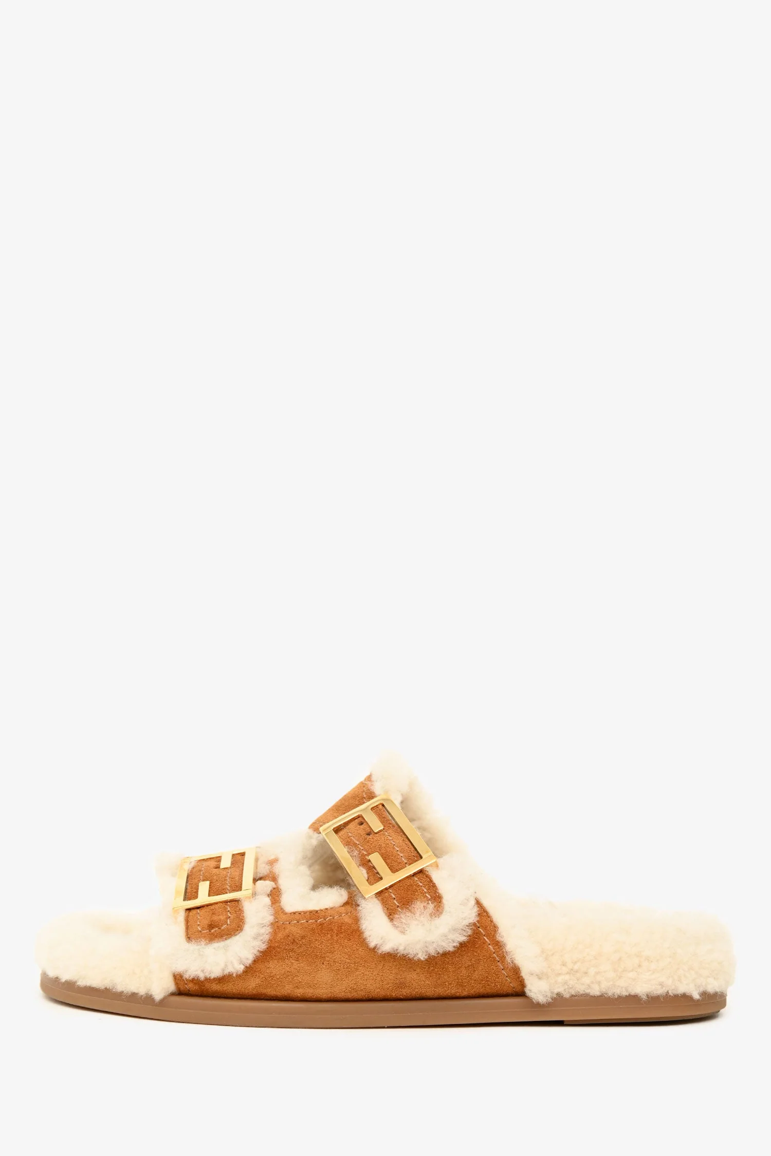 Fendi Brown Suede Shearling Buckle Slides Size 37 - Image 5