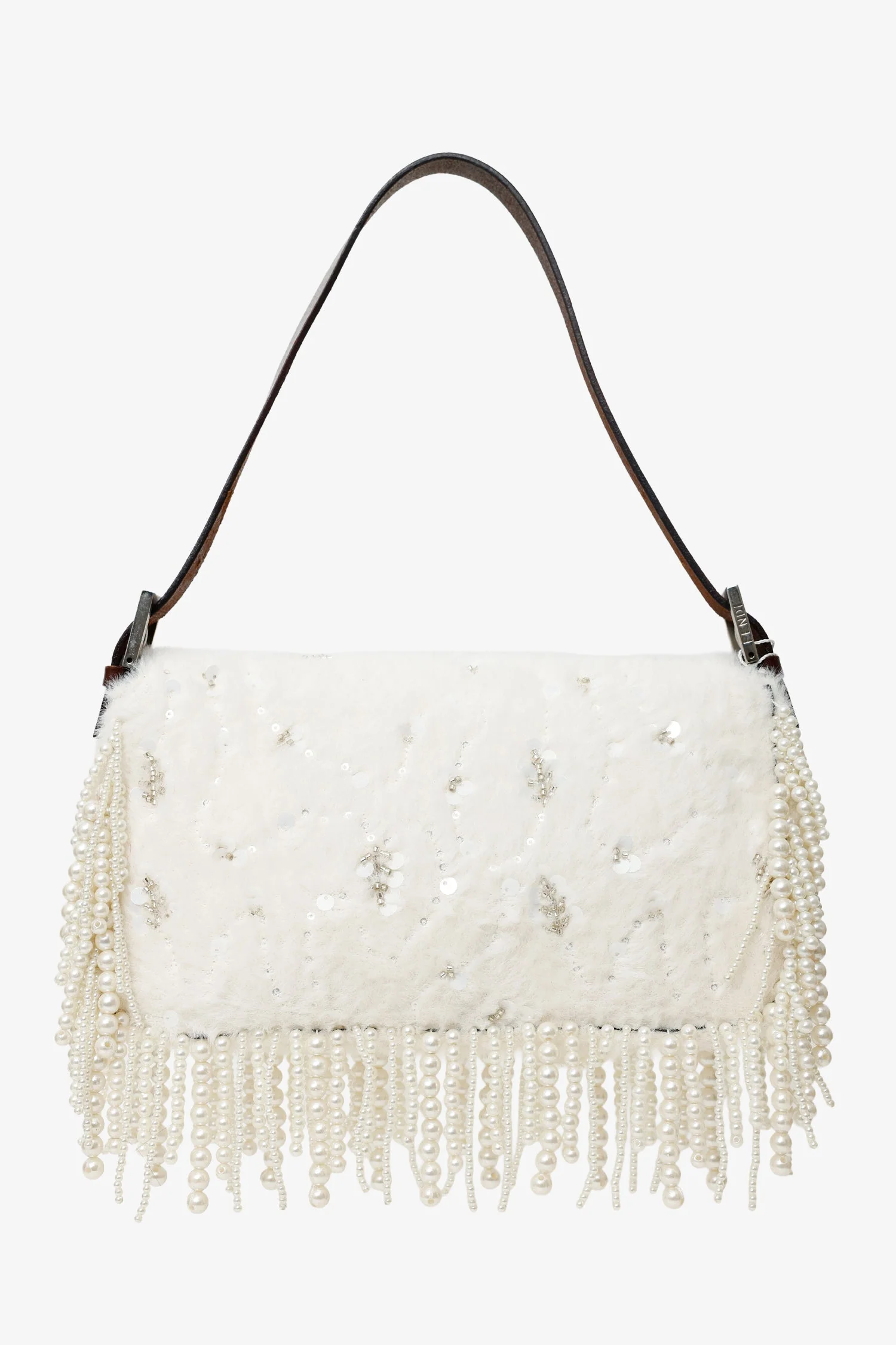 Fendi Limited Edition (1/30) White Fur Beaded Sequin Pearl Fringed Baguette Shoulder Bag - Image 3