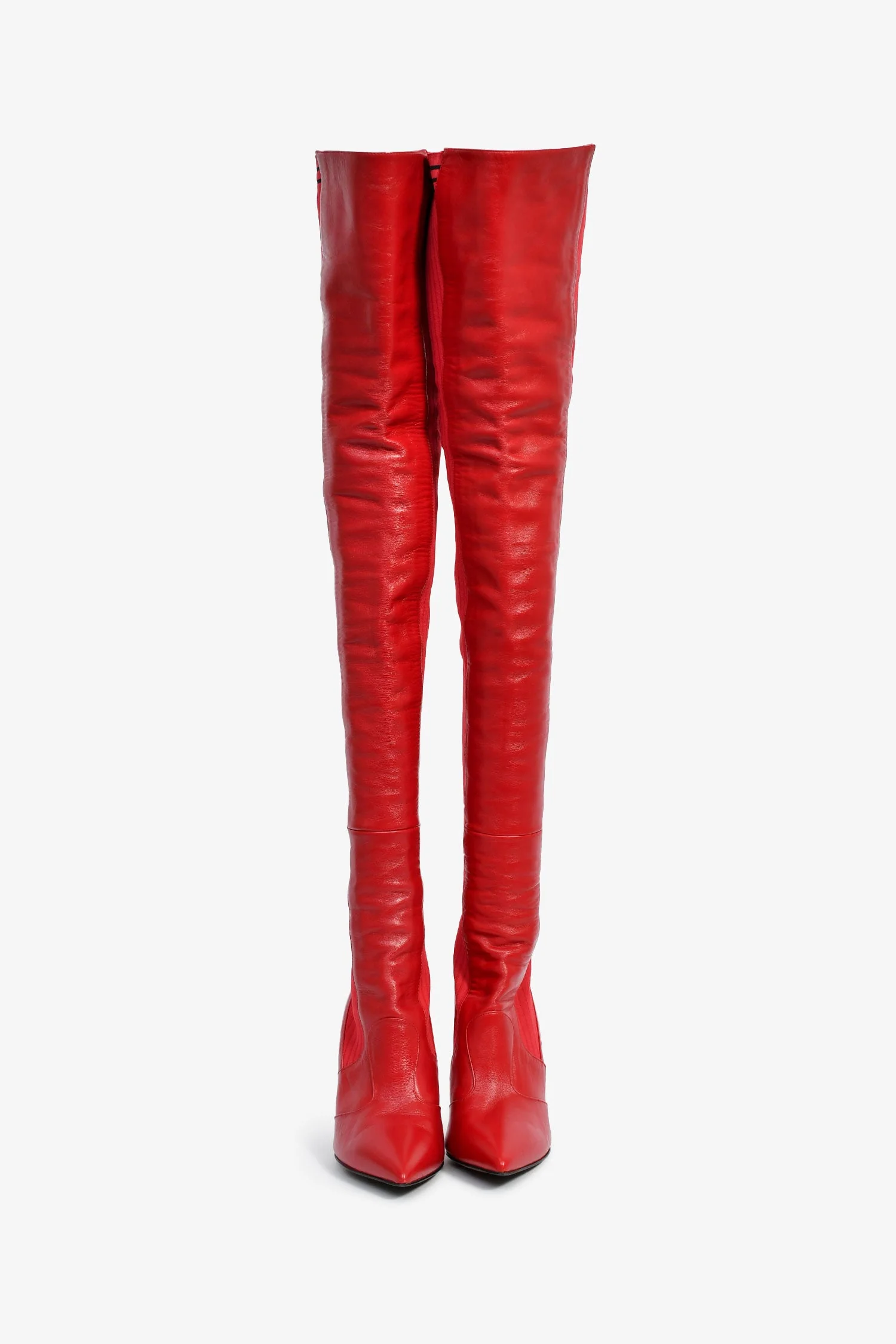 Fendi Red Leather/Knit Over The Knee 'Rockoko' Heeled Boots Size 37 - Image 3