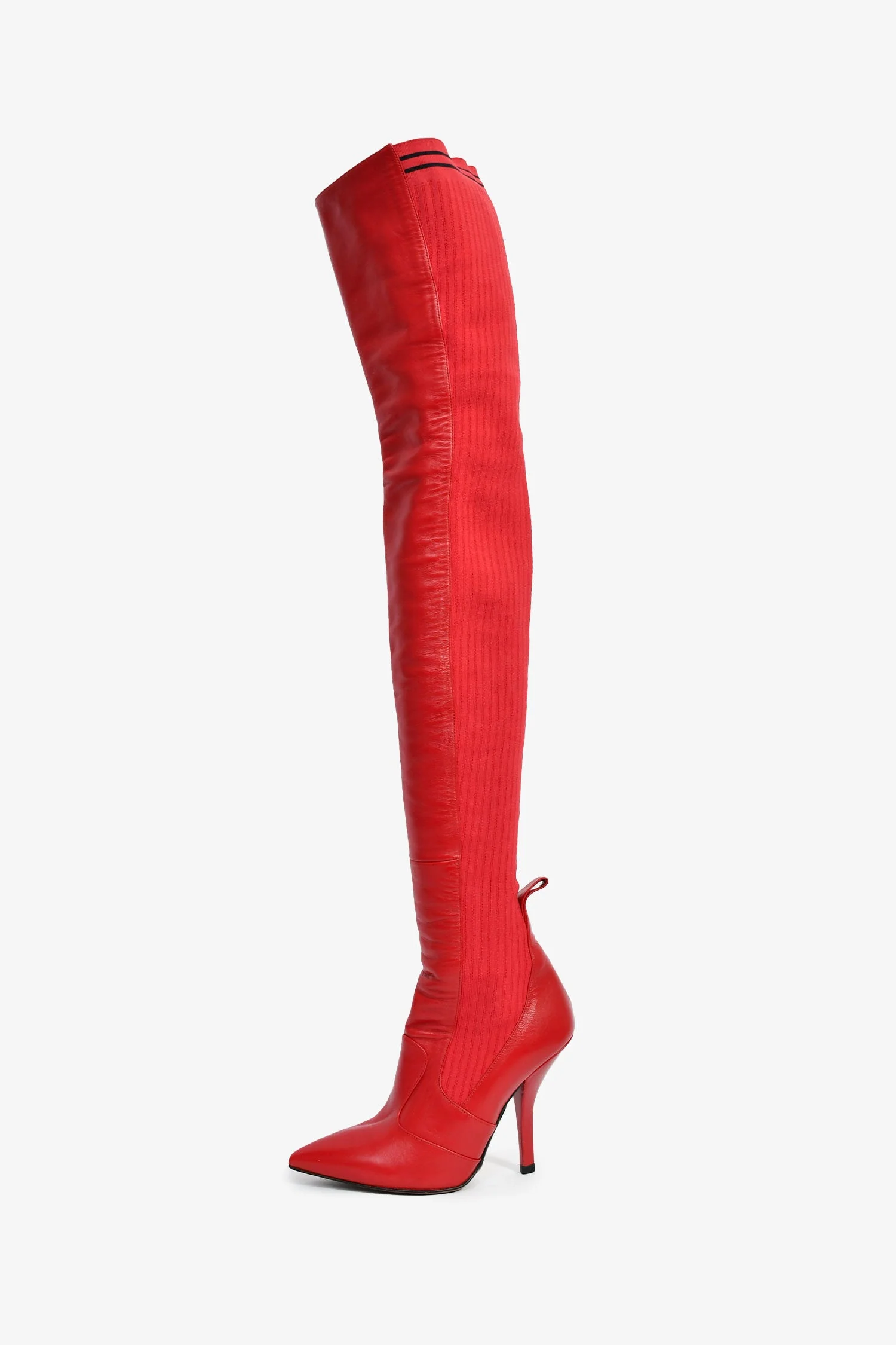 Fendi Red Leather/Knit Over The Knee 'Rockoko' Heeled Boots Size 37 - Image 4