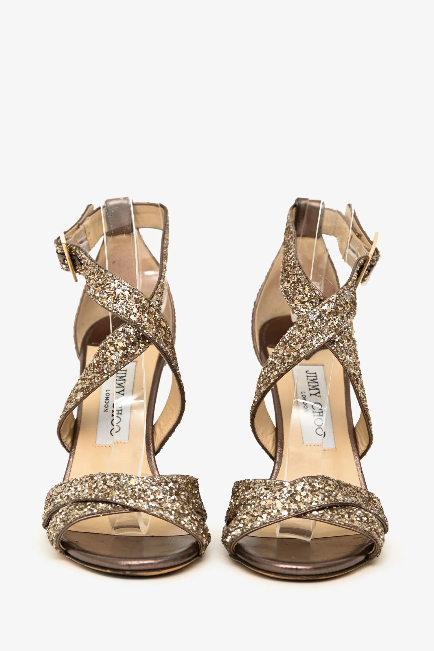 Jimmy Choo Gold Glitter Criss Cross Heels Size 36.5 - Image 3