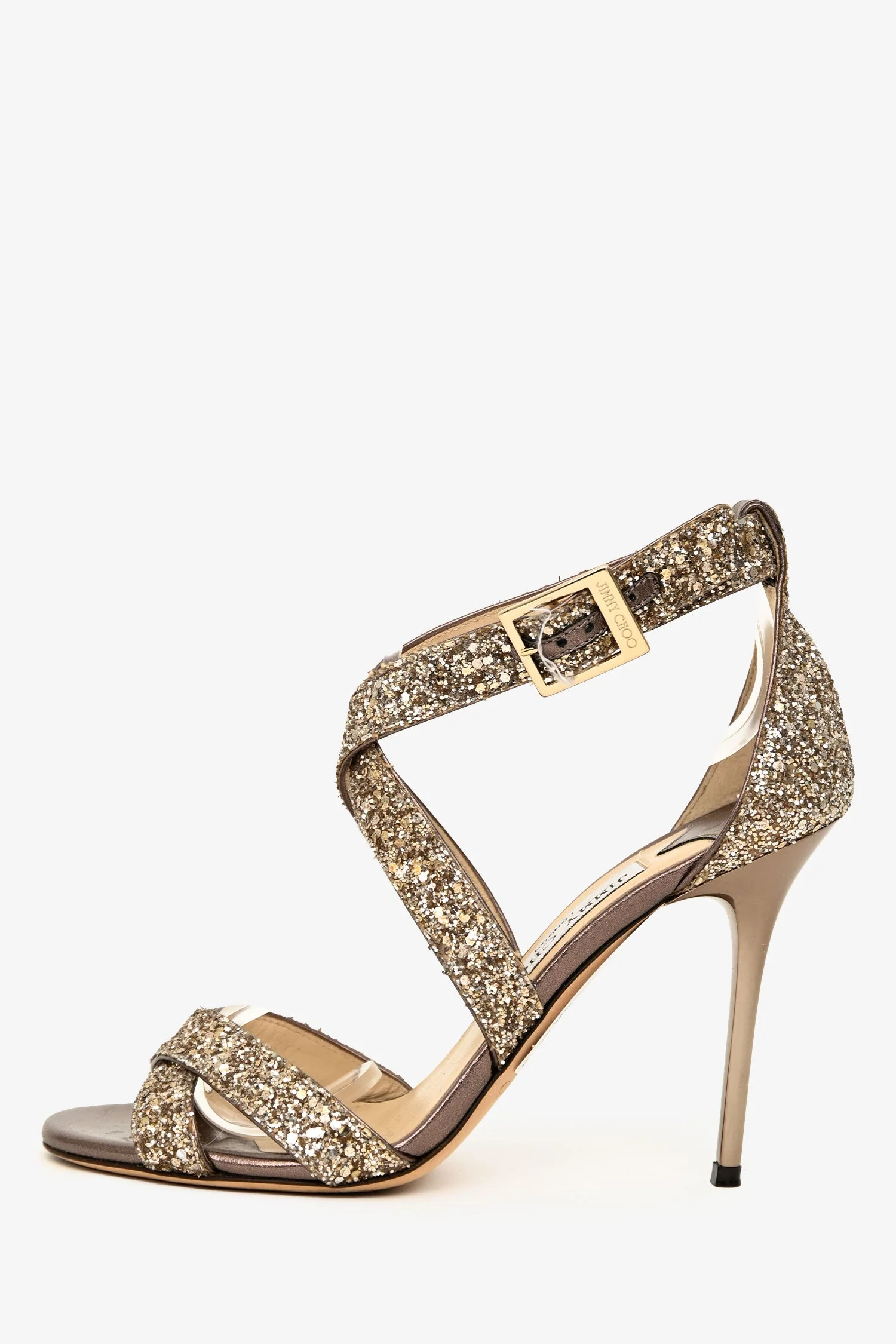 Jimmy Choo Gold Glitter Criss Cross Heels Size 36.5 - Image 4