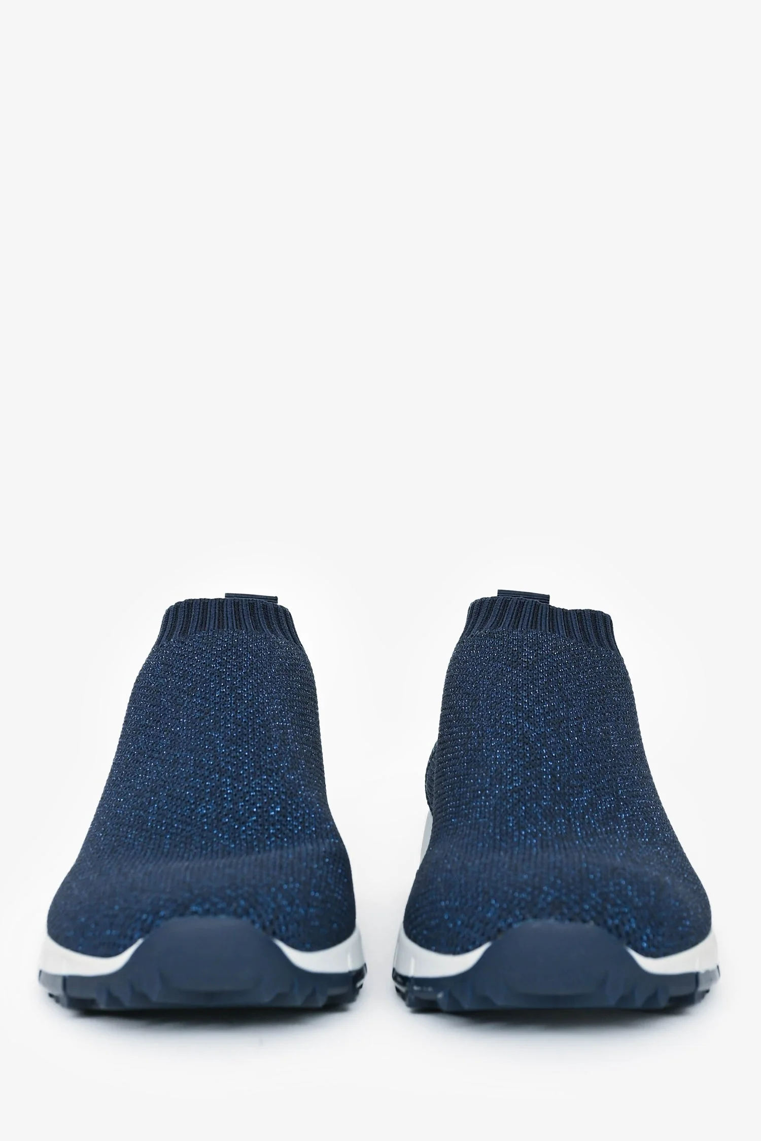 Jimmy Choo Navy Shimmer Crochet Knit White Rubber Sole Sneakers Size 38 - Image 3