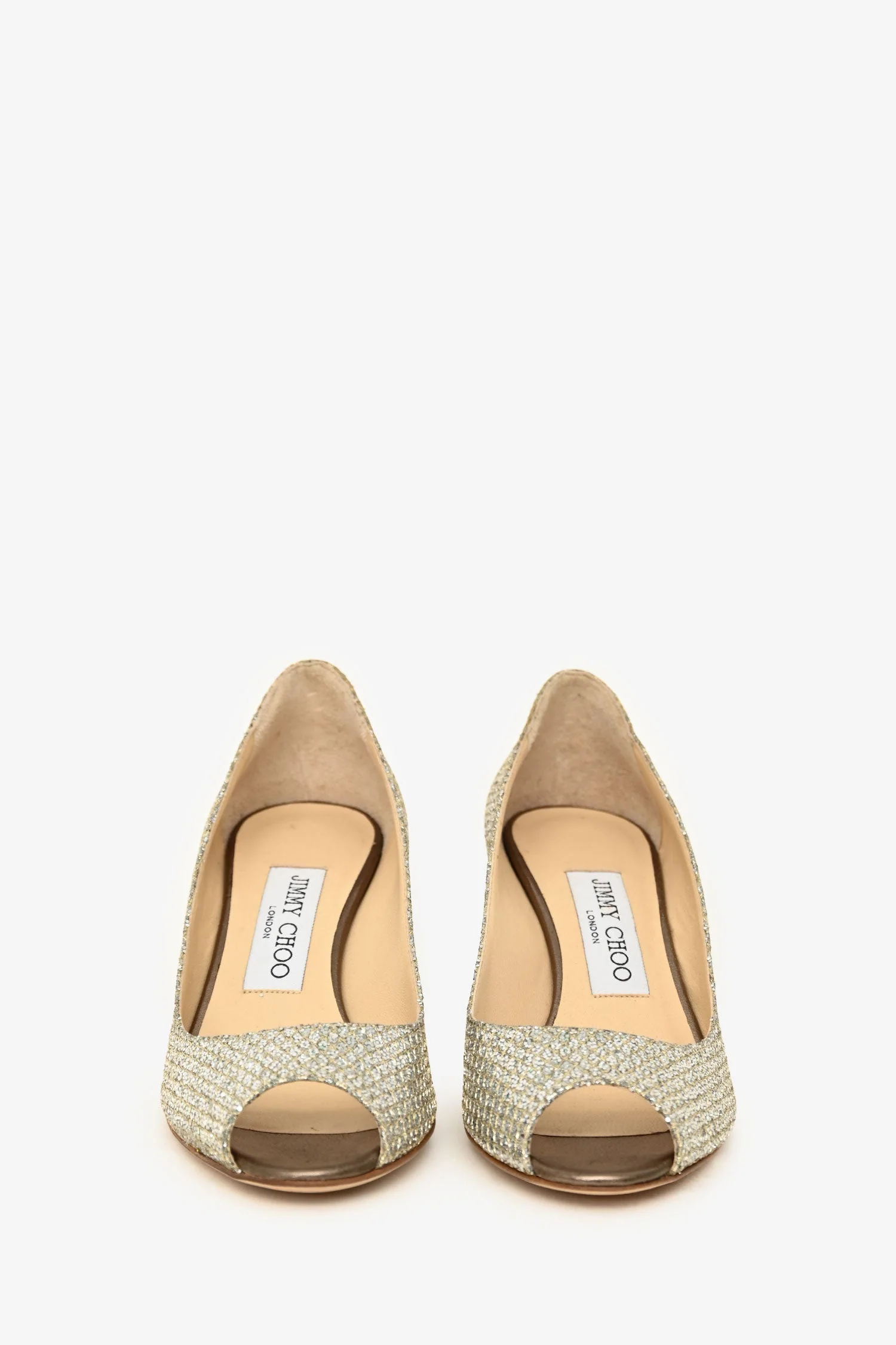 Jimmy Choo Silver Metallic Peep Toe Heels Size 34.5 - Image 3