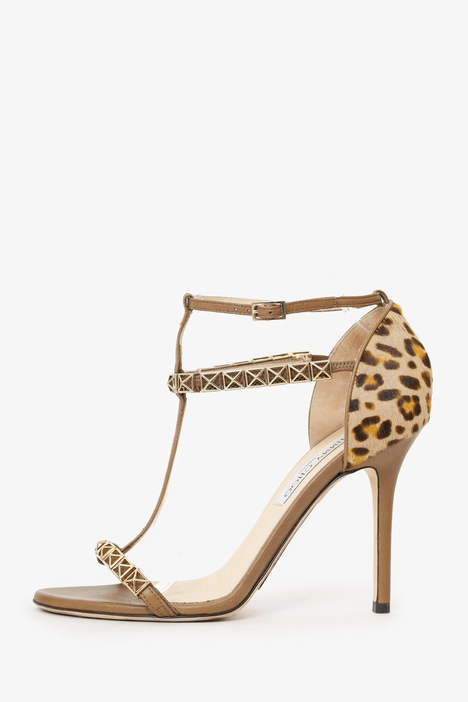 Jimmy Choo Taupe Leopard Print Leather/Pony Hair T-Strap Sandals Size 38 - Image 4