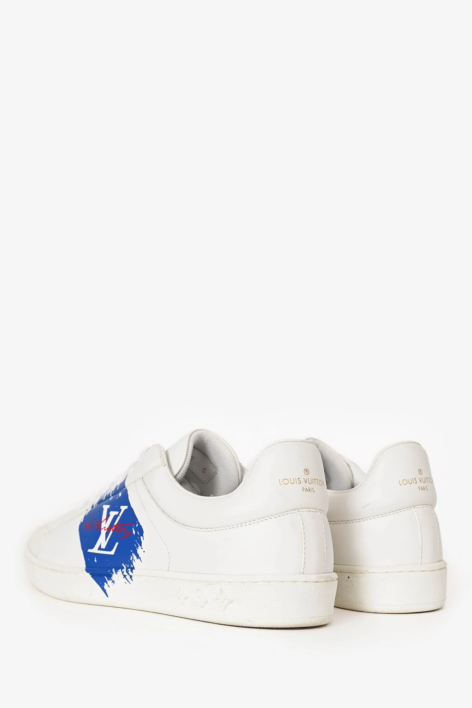 Louis Vuitton White/Blue Leather Logo Low Top Sneakers Size 5 - Image 5