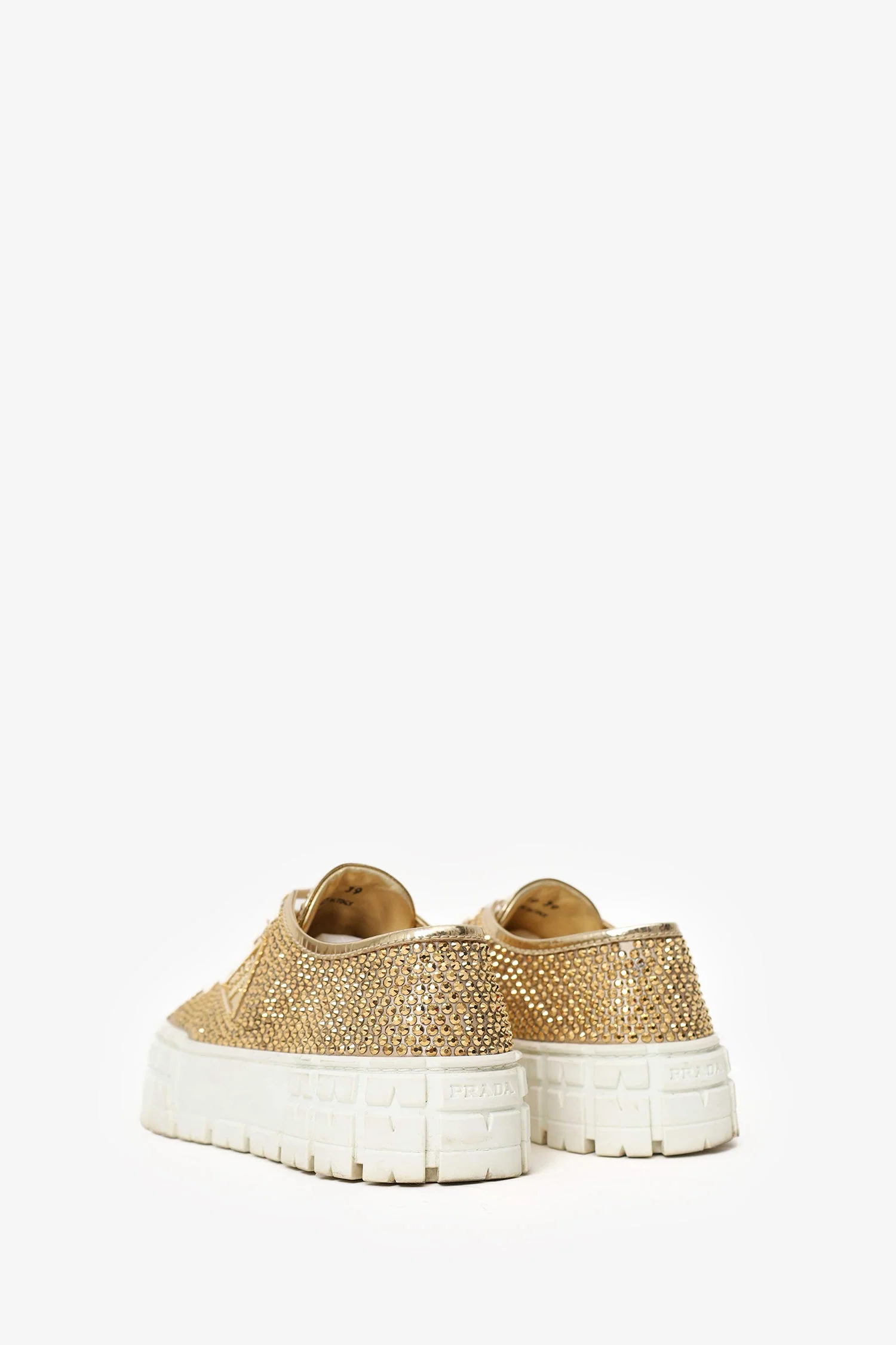 Prada Gold Metallic Satin/Leather Crystal Embellishments Sneakers Size 39 - Image 4