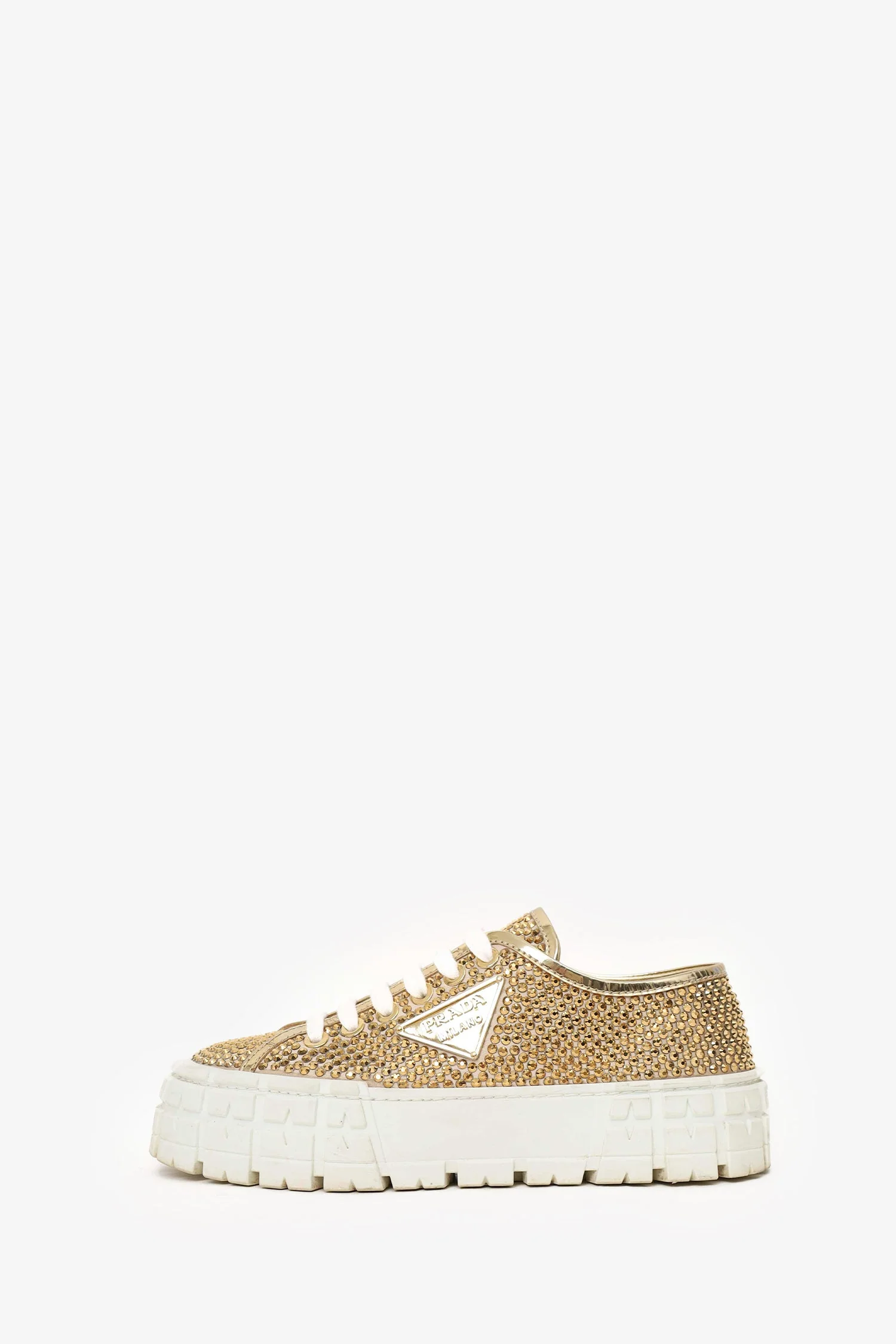 Prada Gold Metallic Satin/Leather Crystal Embellishments Sneakers Size 39 - Image 5
