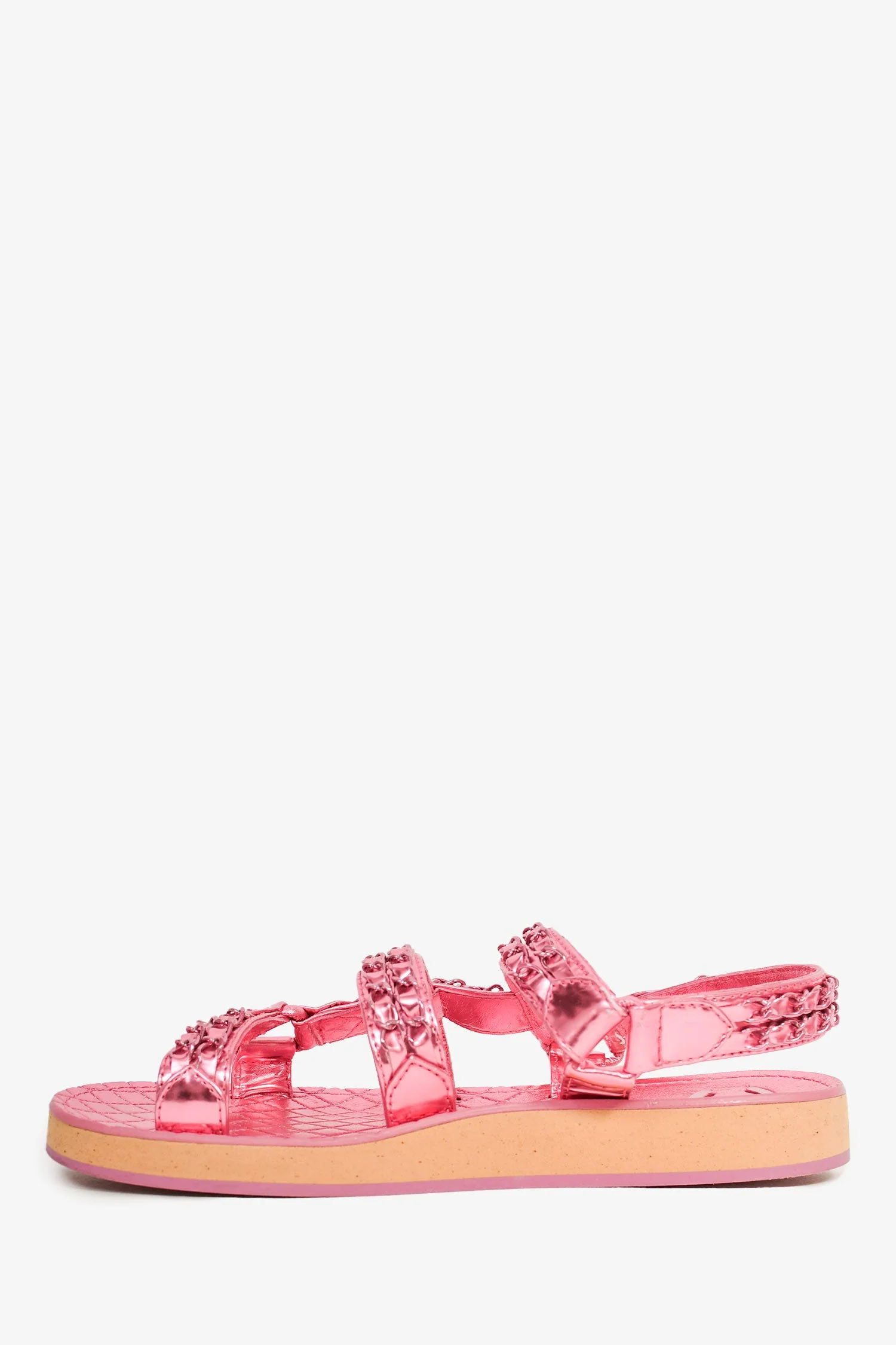 Pre-Loved Chanel™ 2022 Metallic Pink Leather Chain CC Sandals Size 36.5C - Image 5