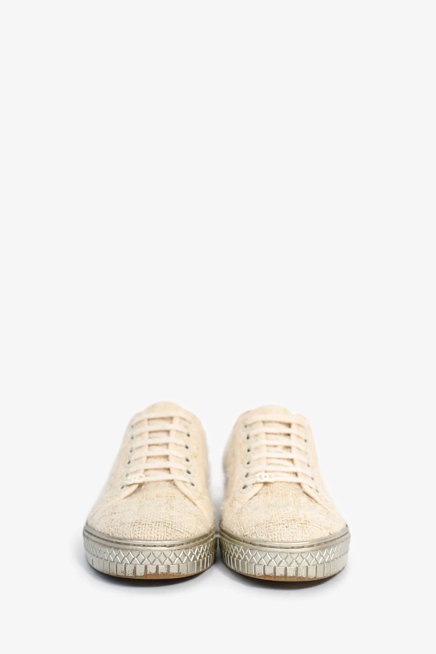 Pre-Loved Chanel™ Cream/Gold Metallic Tweed Lace Up CC Sneakers Size 37.5 - Image 3