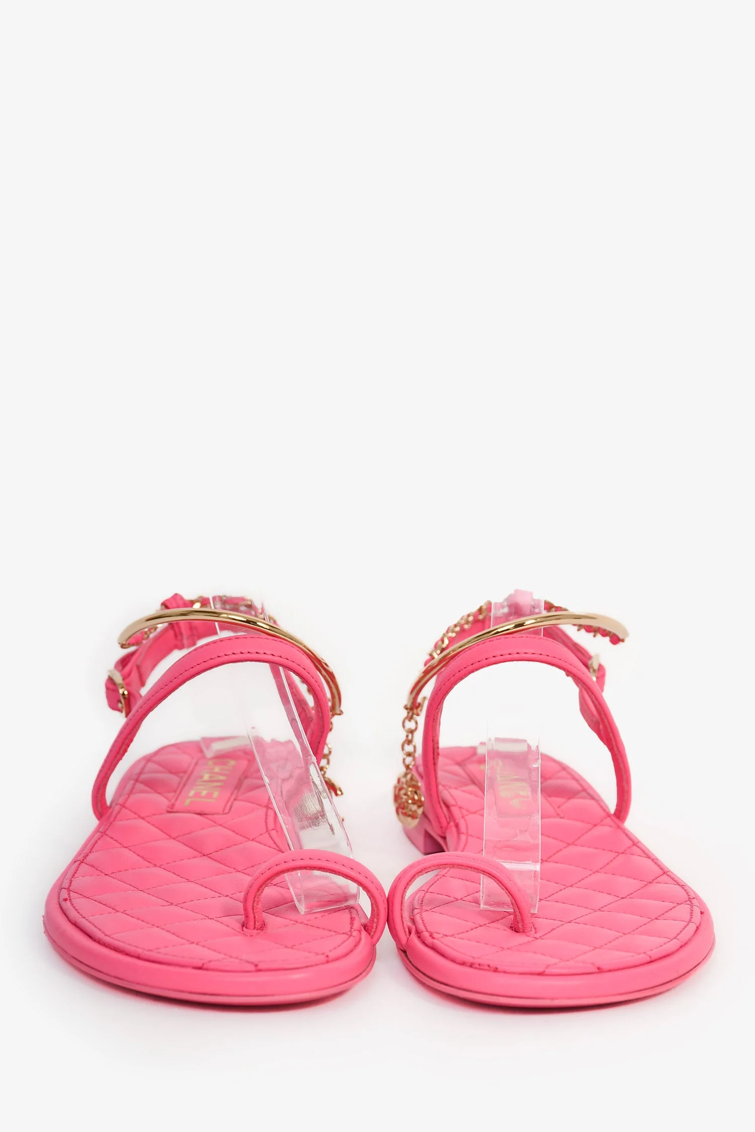 Pre-Loved Chanel™ Hot Pink Leather Gold Ankle Wrap Sandals with Chain Link Detail Size 36C - Image 3