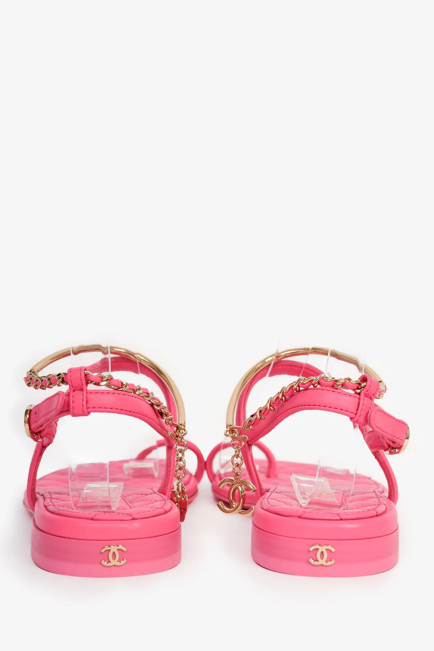 Pre-Loved Chanel™ Hot Pink Leather Gold Ankle Wrap Sandals with Chain Link Detail Size 36C - Image 6