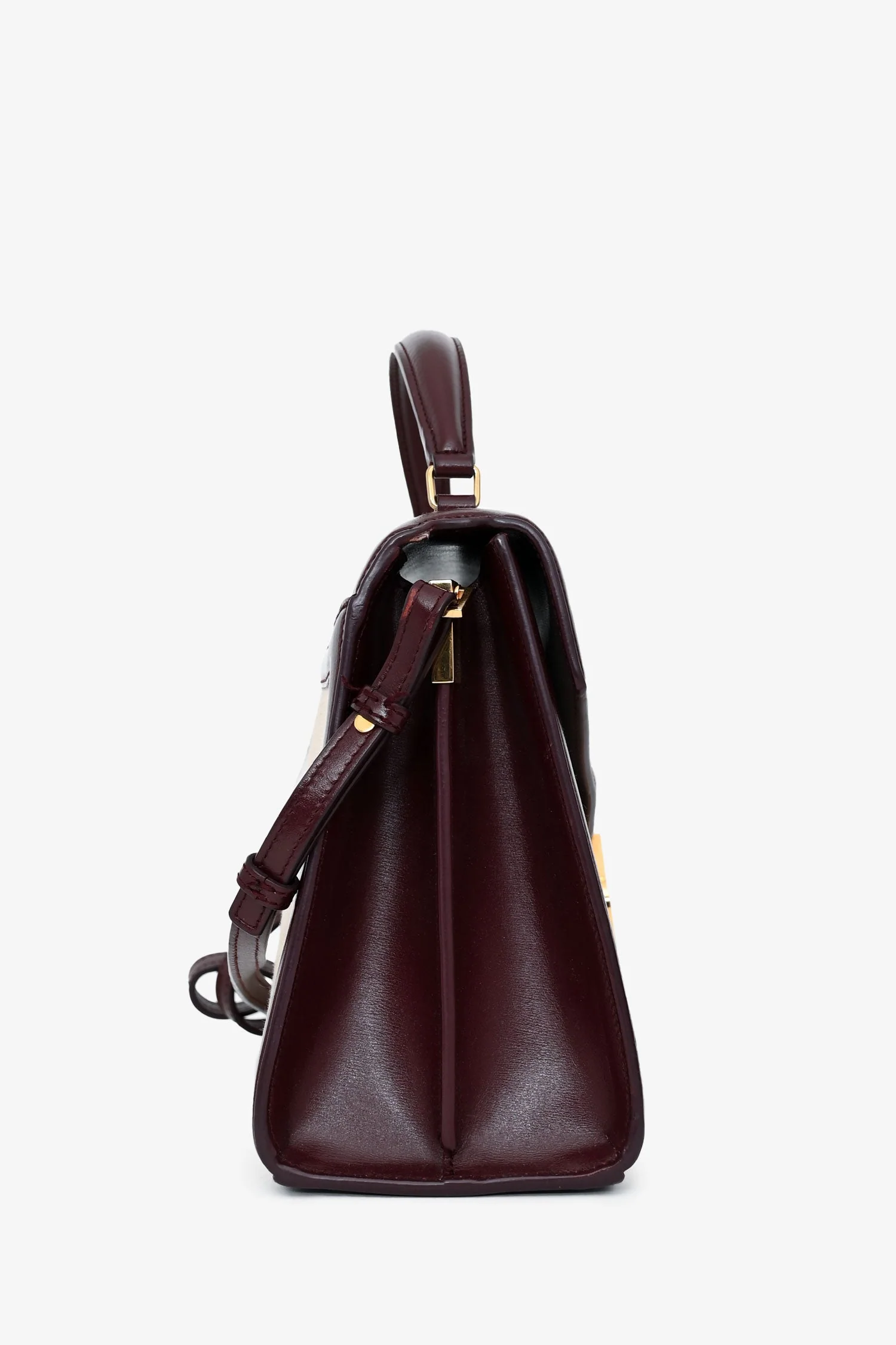 Saint Laurent 2020 Cream/Burgundy Canvas Leather-Trimmed Medium Cassandra Top Handle - Image 4