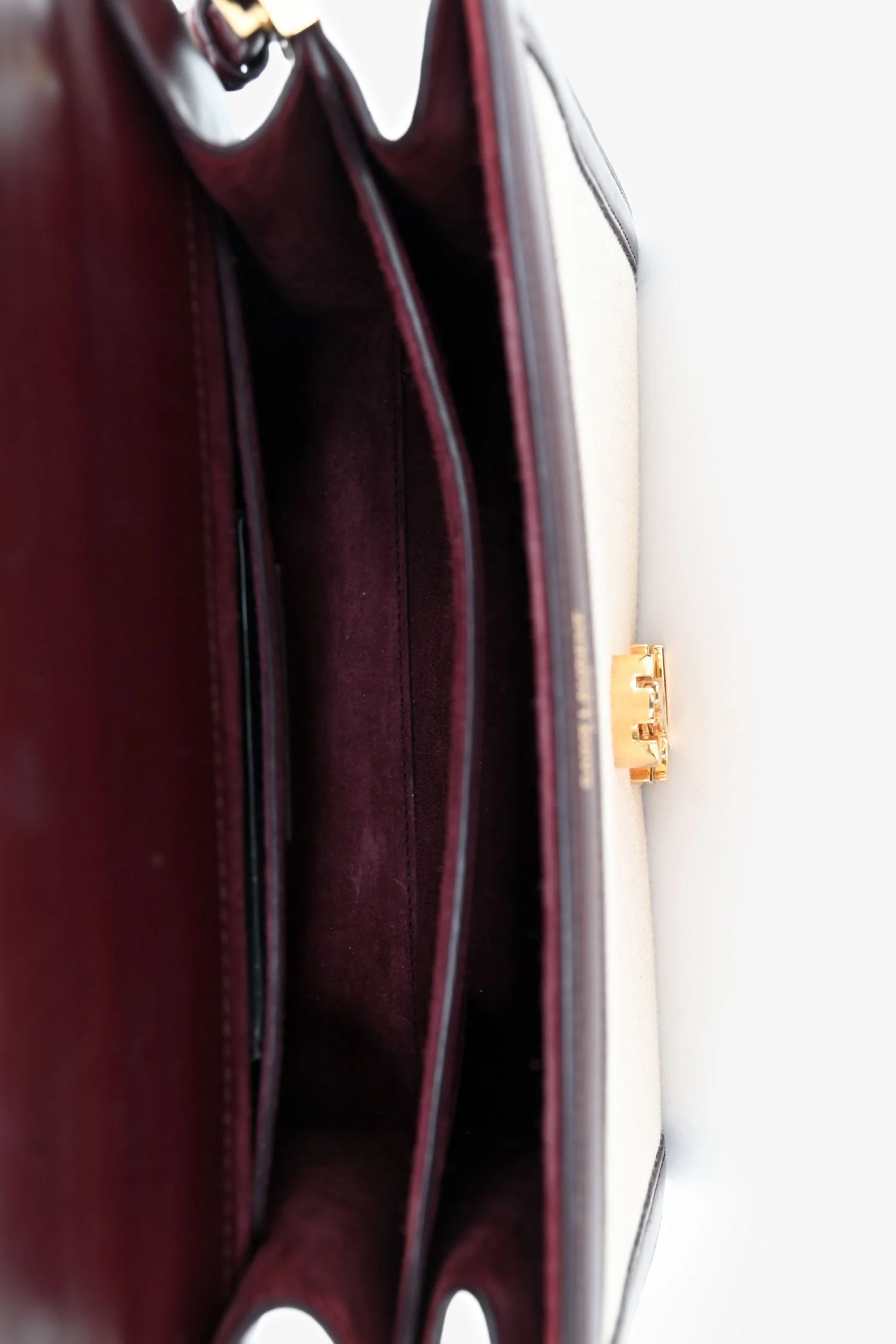 Saint Laurent 2020 Cream/Burgundy Canvas Leather-Trimmed Medium Cassandra Top Handle - Image 6