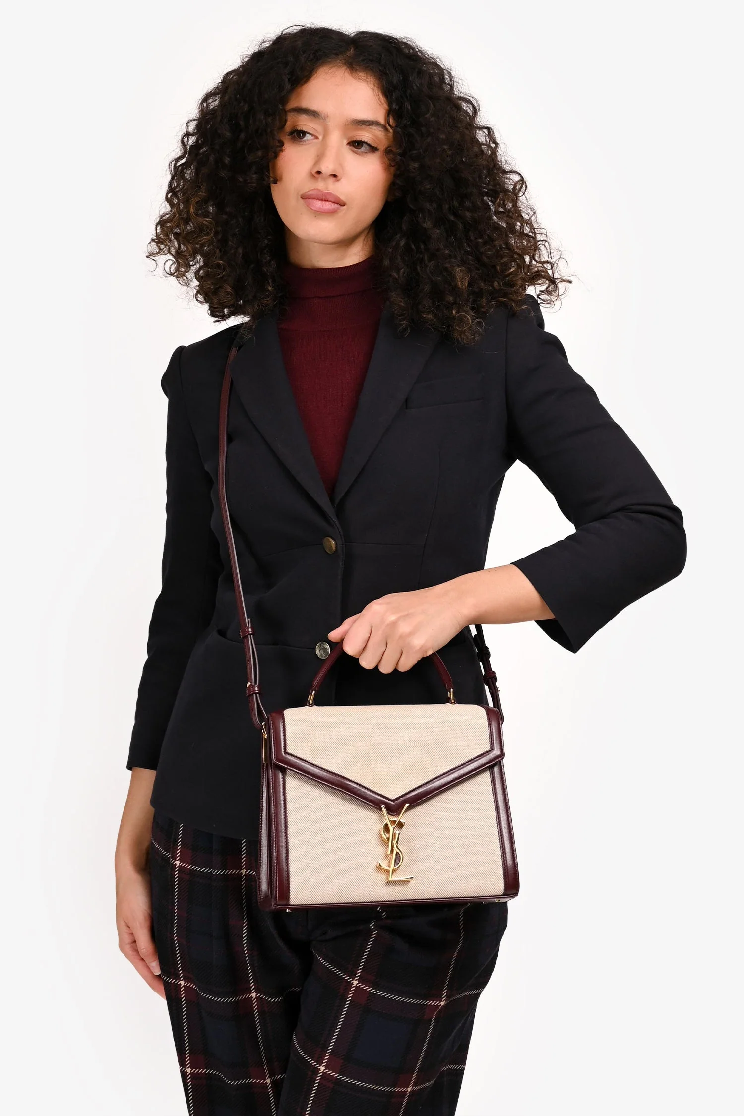 Saint Laurent 2020 Cream/Burgundy Canvas Leather-Trimmed Medium Cassandra Top Handle - Image 7