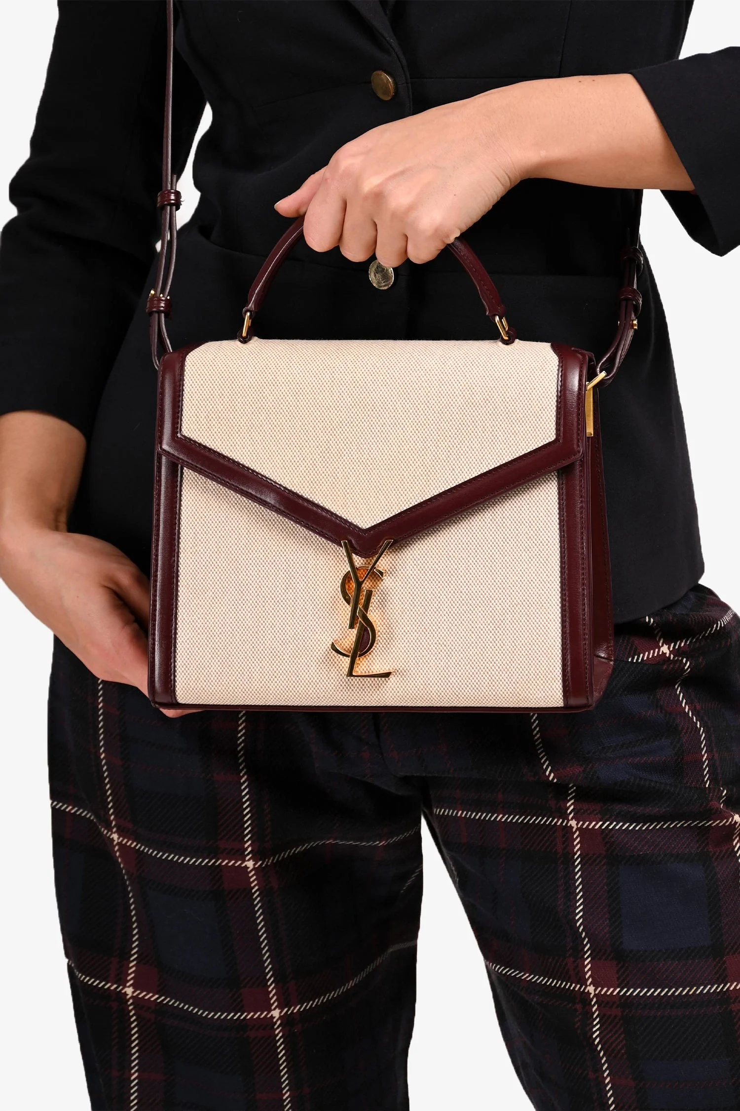 Saint Laurent 2020 Cream/Burgundy Canvas Leather-Trimmed Medium Cassandra Top Handle - Image 8