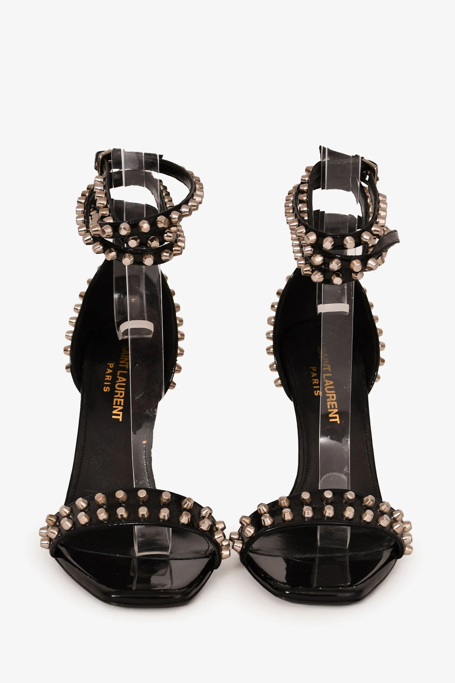 Saint Laurent Black Patent Leather Studded Sandal Heels Size 35 - Image 3