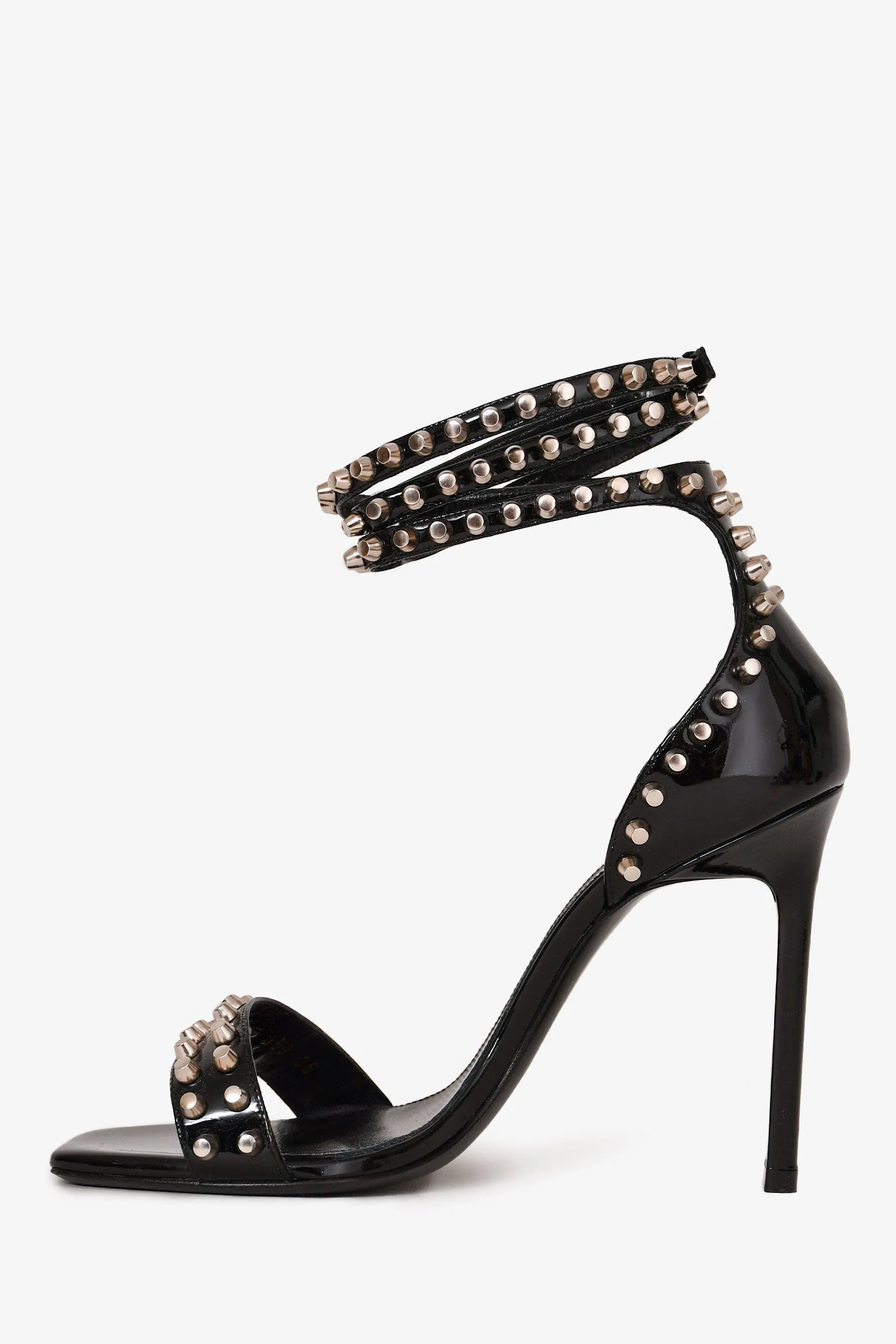 Saint Laurent Black Patent Leather Studded Sandal Heels Size 35 - Image 4