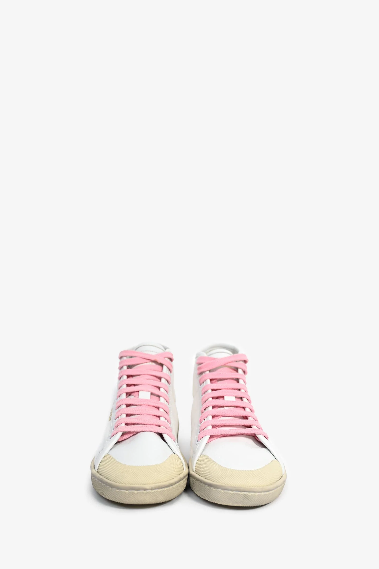 Saint Laurent White Canvas/Leather Pink Lace Mid Top Sneakers Size 37 - Image 3