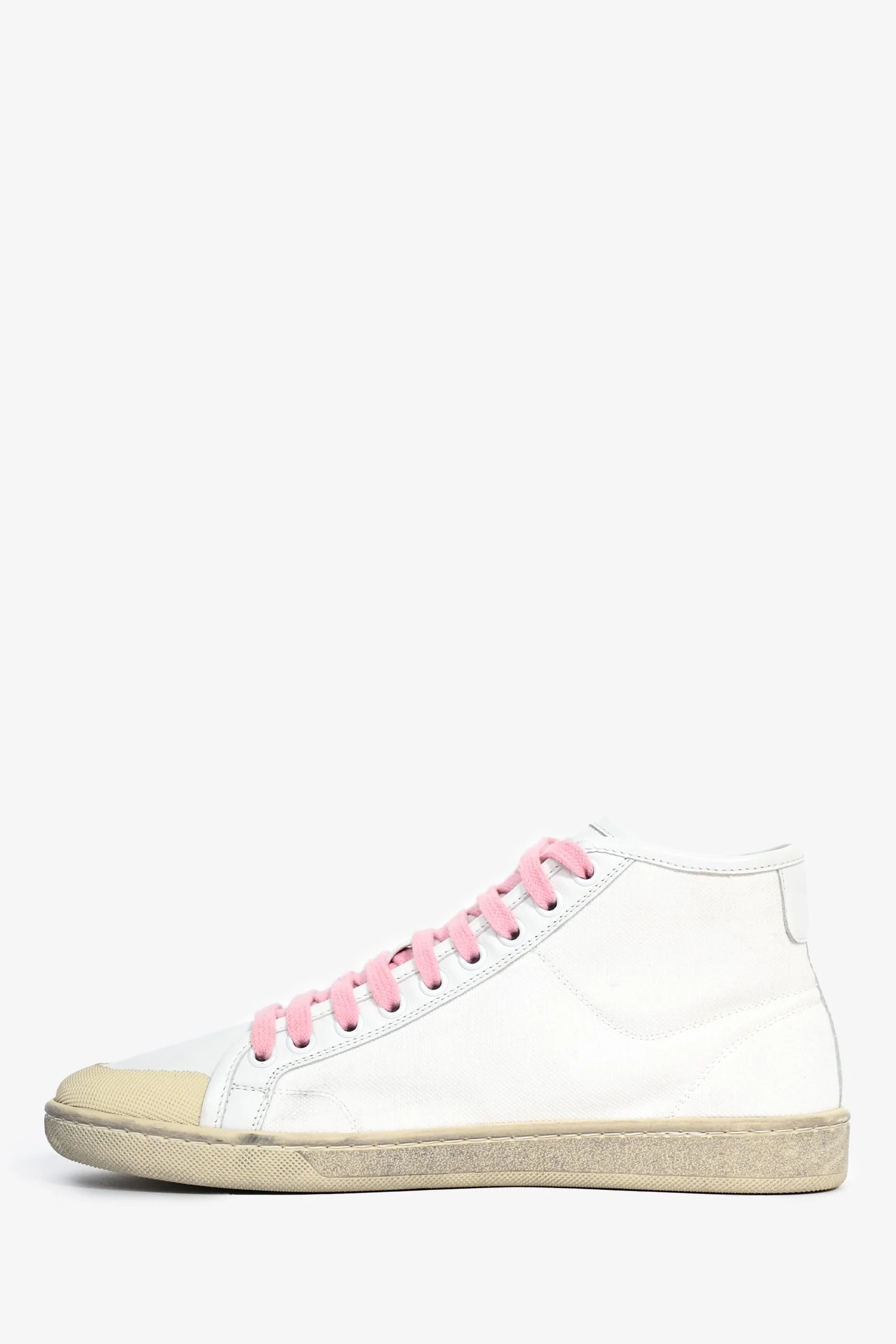 Saint Laurent White Canvas/Leather Pink Lace Mid Top Sneakers Size 37 - Image 4