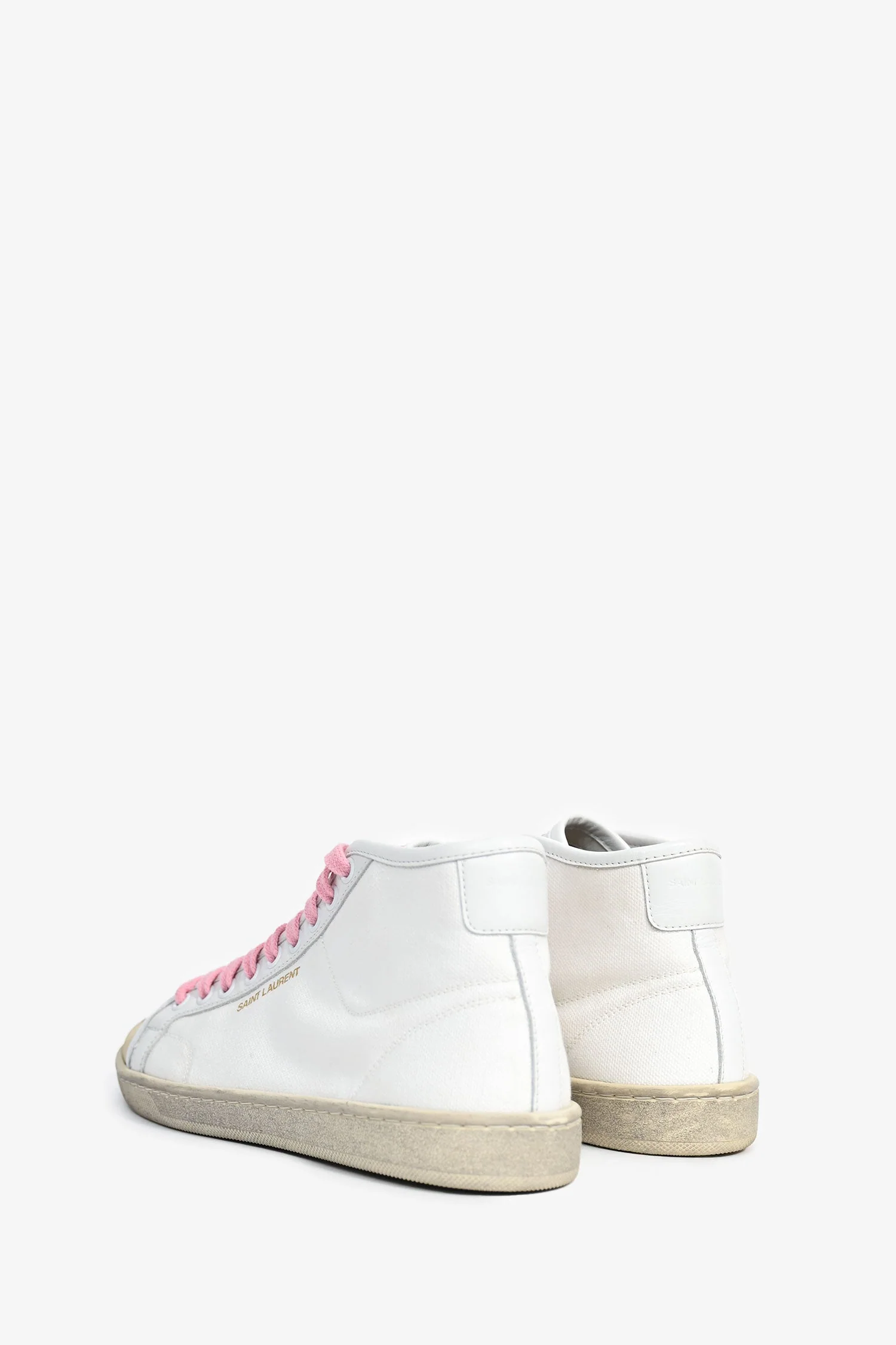 Saint Laurent White Canvas/Leather Pink Lace Mid Top Sneakers Size 37 - Image 5