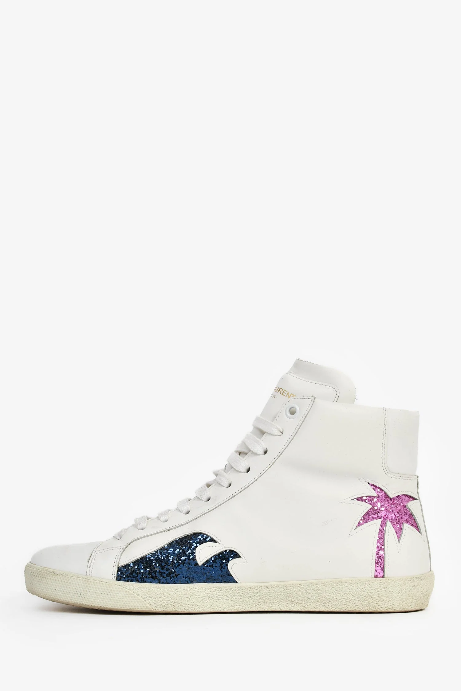 Saint Laurent White Leather 'Signature Palm Glitter' Sneakers Size 38.5 - Image 4
