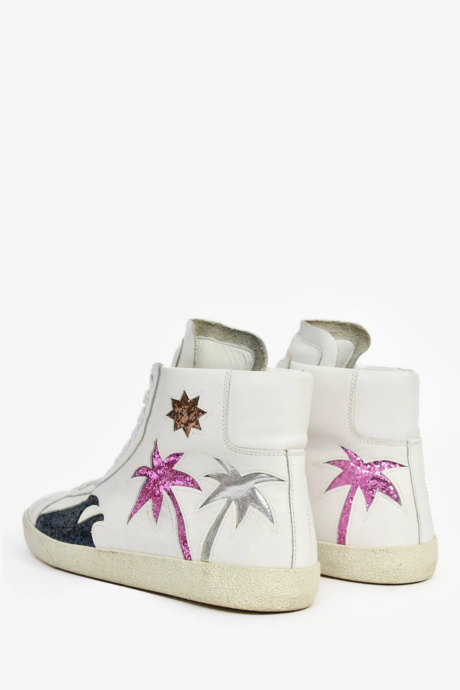 Saint Laurent White Leather 'Signature Palm Glitter' Sneakers Size 38.5 - Image 5