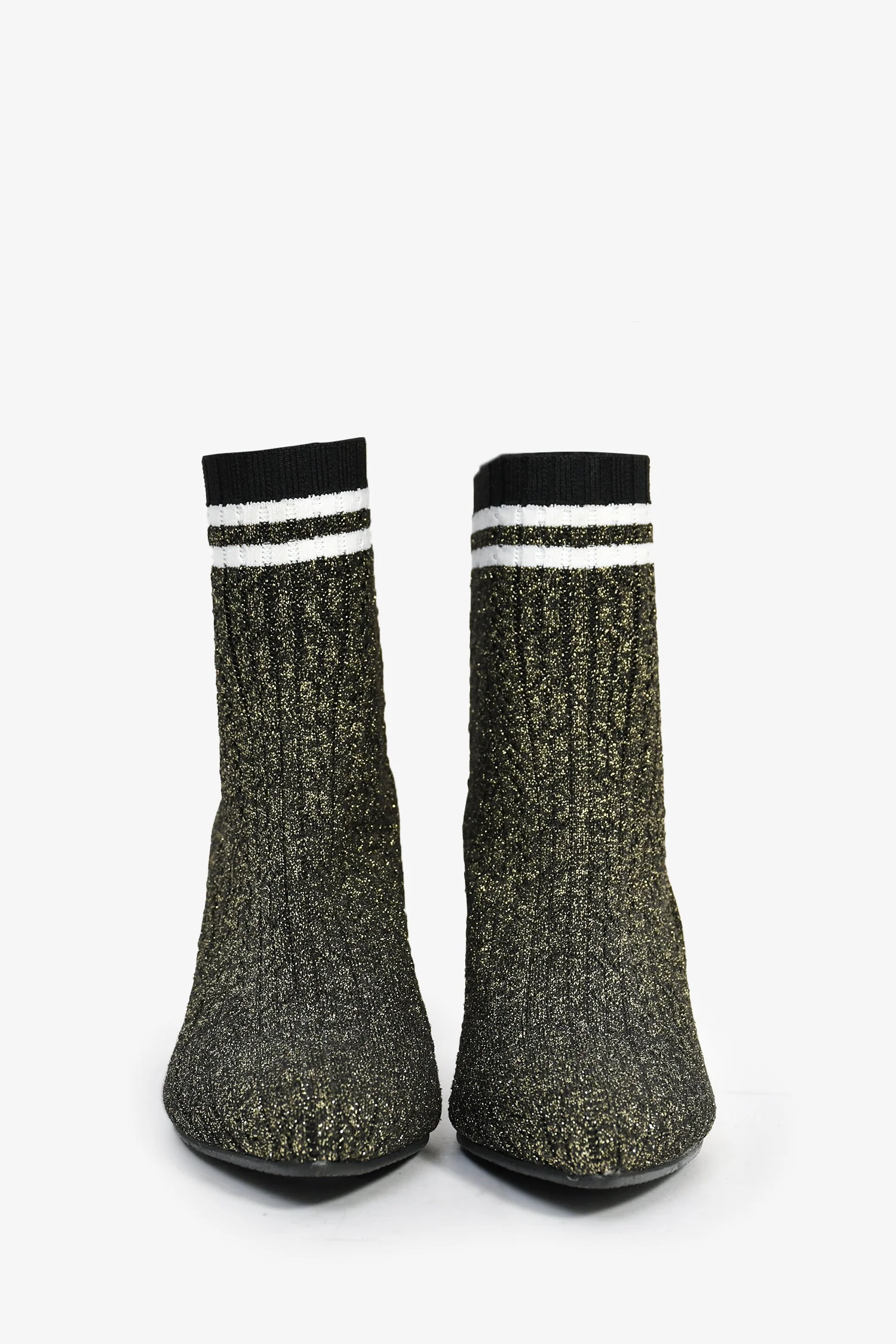 Stuart Weitzman Metallic Gold Knit Heeled Sock Booties Size 37.5 - Image 3