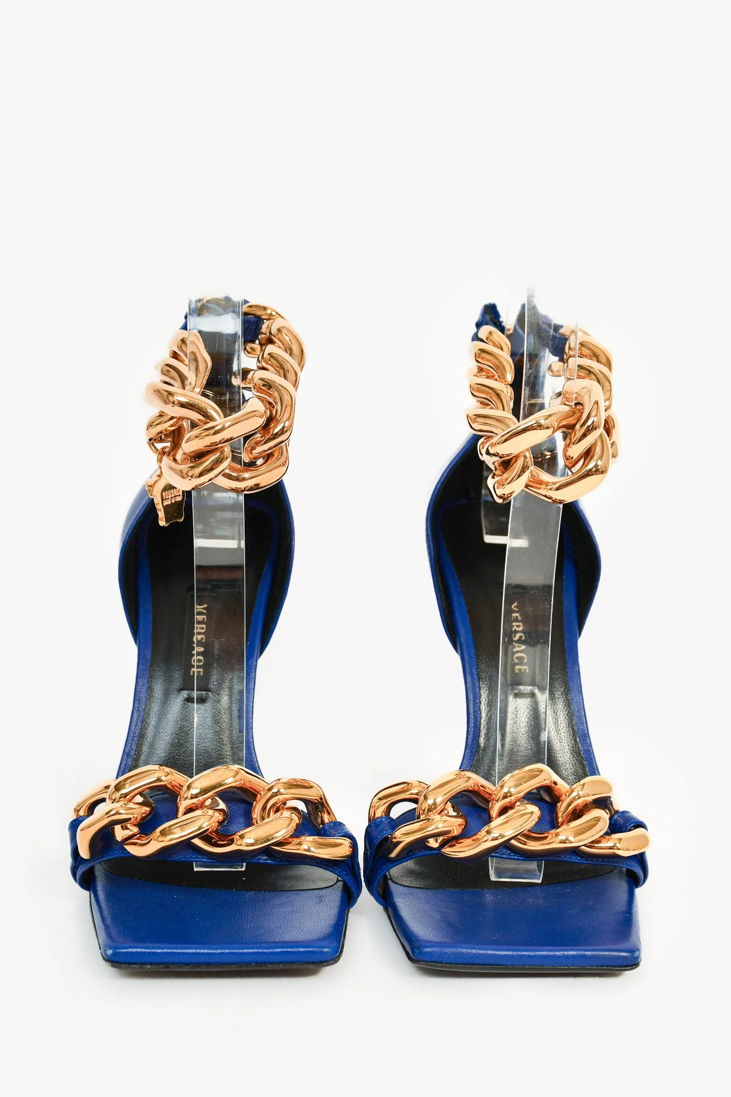 Versace Blue Leather Gold Chain Ankle Strap Heeled Sandals Size 36 - Image 3